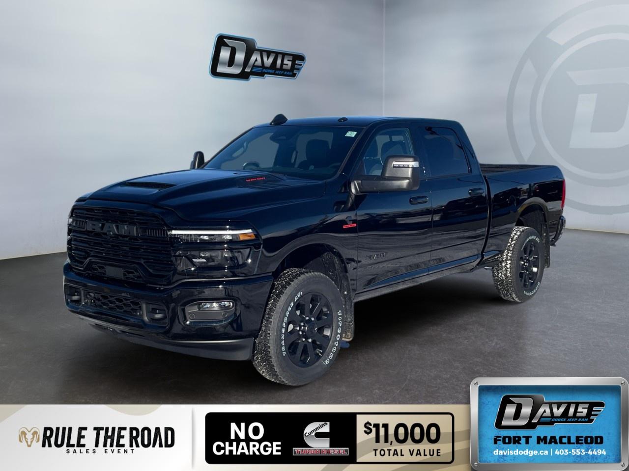 <p>Introducing the stunning 2026 Ram 2500 Laramie 4x4 Crew Cab 6'4" Box in a bold black finish. This powerhouse truck features a robust 6.7L Cummins I-6 HO Turbo Diesel engine paired with an 8-speed TorqueFlite automatic transmission, ensuring exceptional performance and handling in any condition.</p><p><strong>Interior Features:</strong></p><ul><li>Luxurious black leather-faced bucket seats with full-length upgraded floor console</li><li>Heated and cooled seats to keep you comfortable in all weather</li><li>Dual wireless charging pad for your devices</li><li>Advanced navigation system to guide your journeys</li><li>Adaptive cruise control for a smooth driving experience</li></ul><p><strong>Exterior Features:</strong></p><ul><li>Commanding Diamond Black Crystal Pearl exterior with black aluminum wheels</li><li>Sport Performance Hood and Black Exterior Badging from NIGHT EDITION package</li><li>Remote Tailgate Release and MOPAR Spray-In Bedliner</li><li>Automatic high-beam headlamp control and LED Bed Lighting</li><li>5th Wheel/Gooseneck Towing Prep Group for any towing needs</li></ul><p><strong>Technology & Safety Features:</strong></p><ul><li>Smart device integration and wi-fi hotspot for connectivity on the go</li><li>Parking sensors and backup camera for hassle-free parking</li><li>Lane assist and Active Lane Management System for added safety</li><li>Forward & reverse utility lights and Traffic Sign Recognition</li><li>Drowsy Driver Detection and Rain-Sensing Windshield Wipers</li></ul><p>Perfect for adventure seekers or those needing a reliable workhorse, this Ram 2500 Laramie is ready to tackle any challenge. Contact Davis Dodge Fort Macleod today for more information and experience the power and sophistication of the Ram 2500 Laramie firsthand.</p>