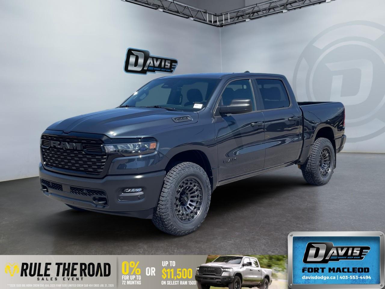 <p><strong>2026 Ram 1500 Warlock 4x4 Crew Cab 5'7" Box</strong></p> <p>Make a statement on the road with the bold blue exterior coupled with steadfast 4×4 handling. The 2026 Ram 1500 Warlock offers a powerful drive with its performance-tuned shocks and raised ride height.</p> <p><strong>Exterior Features:</strong></p> <ul><li>Blue color for a striking presence</li><li>Aftermarket wheels for a customized look</li><li>Black mesh grille with black surround</li><li>Front and rear performance-tuned shocks</li><li>Tow hooks for added utility</li><li>Trailer brake control for superior handling</li></ul> <p><strong>Interior Features:</strong></p> <ul><li>Spacious black cloth bench seating</li><li>Convenient rear 60/40 folding seat</li><li>Front seatback map pockets</li><li>Air conditioning for comfort on every drive</li><li>Front centre seat cushion storage for extra space</li><li>115V auxiliary power outlet</li></ul> <p><strong>Technology & Safety Features:</strong></p> <ul><li>Adaptive cruise control for effortless long drives</li><li>Backup camera and parking sensors for ease of parking</li><li>Bluetooth connection and smart device integration for seamless connectivity</li><li>Safety assured with lane assist and brake assist features</li><li>Remote start for convenience in any weather</li><li>SiriusXM satellite radio and Wi-Fi hotspot for entertainment</li></ul> <p>This Ram 1500 Warlock is ideal for those who seek a blend of rugged capability and refined style in a modern truck. Contact Davis Dodge Fort Macleod today for further details and drive away in your new 2026 Ram 1500 Warlock!</p>