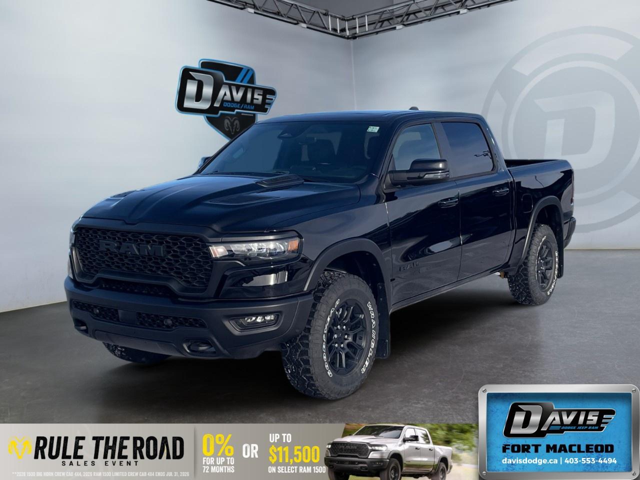 <p>Introducing the <strong>2026 Ram 1500 Rebel 4x4 Crew Cab 5'7" Box</strong> in stunning black, ready to conquer any terrain with its robust 4×4 drivetrain and superior handling capabilities.</p><p><strong>Interior Features:</strong></p><ul><li>Elegant black luxury leather-faced front bucket seats with heating and cooling functionalities.</li><li>Pano sunroof creating an airy feel.</li><li>14.4" touchscreen display with Uconnect 5 Navigation system.</li><li>Heated steering wheel and power-adjustable pedals for ultimate driving comfort.</li></ul><p><strong>Exterior Features:</strong></p><ul><li>Monotone Diamond Black Crystal Pearl finish, complementing the aggressive styling.</li><li>Alloy wheels adding to the off-road-ready appearance.</li><li>Power tailgate and black painted exterior mirror caps for additional convenience and style.</li></ul><p><strong>Technology & Safety Features:</strong></p><ul><li>Driver assistance technologies including lane assist and parking sensors to enhance safety.</li><li>Advanced entertainment with a 19-speaker harman/kardon premium sound system.</li><li>Interactive display for the passenger, ensuring everyone stays connected and informed.</li><li>Remote start, Bluetooth connection, and smart device integration to blend cutting-edge tech with everyday usability.</li></ul><p>Ideal for thrill-seekers and families alike, the 2026 Ram 1500 Rebel combines luxury with adventure. Take the next step and contact Davis Dodge Fort Macleod today for more information on this outstanding truck!</p>