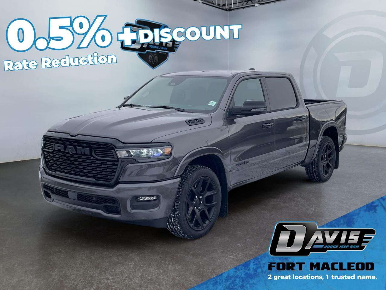 <h3>🔧 <strong>Performance & Capability</strong></h3><ul><li><p><strong>3.0L Hurricane SO Twin Turbo I6 w/ ESS</strong></p></li><li><p><strong>8-Speed Automatic Transmission</strong></p></li><li><p><strong>3.92 Rear Axle Ratio</strong></p></li><li><p><strong>Anti-Spin Rear Differential</strong></p></li><li><p><strong>Trailer Brake Control</strong></p></li><li><p><strong>124.9L (27.4 gal) Fuel Tank</strong></p></li><li><p><strong>Dual Black Exhaust Tips</strong></p></li></ul><h3>🖤 <strong>Night Edition Package</strong></h3><ul><li><p>20 x 9 Aluminum Painted Clad Wheels</p></li><li><p>Black Mesh Grille w/ Black Surround</p></li><li><p>Black Exterior Badging & RAM Grille Badge</p></li><li><p>Black Headlamp & Tail Lamp Bezels</p></li><li><p>Black Mirror Caps & Interior Accents</p></li><li><p>Body-Colour Bumpers & Fender Flares</p></li></ul><h3> <strong>Big Horn Level 2 Equipment Group</strong></h3><ul><li><p><strong>12 Uconnect 5W Touchscreen w/ Navigation</strong></p></li><li><p><strong>9 Alpine Speakers w/ Subwoofer</strong></p></li><li><p>Wireless Charging Pad</p></li><li><p>Heated Front Seats & Heated Steering Wheel</p></li><li><p>Power Adjustable Pedals</p></li><li><p>Dual-Zone Automatic Climate Control</p></li><li><p>Rear Power Sliding Window</p></li><li><p>Remote Tailgate Release</p></li><li><p>Universal Garage Door Opener</p></li><li><p>7 Customizable Digital Cluster</p></li><li><p>400W Inverter & 115V Power Outlets</p></li><li><p>2nd-Row In-Floor Storage Bins</p></li></ul><h3>🪑 <strong>Interior & Comfort</strong></h3><ul><li><p>Black Deluxe Cloth Bucket Seats</p></li><li><p>Power 8-Way Driver Seat w/ Lumbar</p></li><li><p>Leather-Wrapped Steering Wheel</p></li><li><p>Rear Centre Armrest</p></li><li><p>LED Interior & Footwell Lighting</p></li></ul><h3></h3>