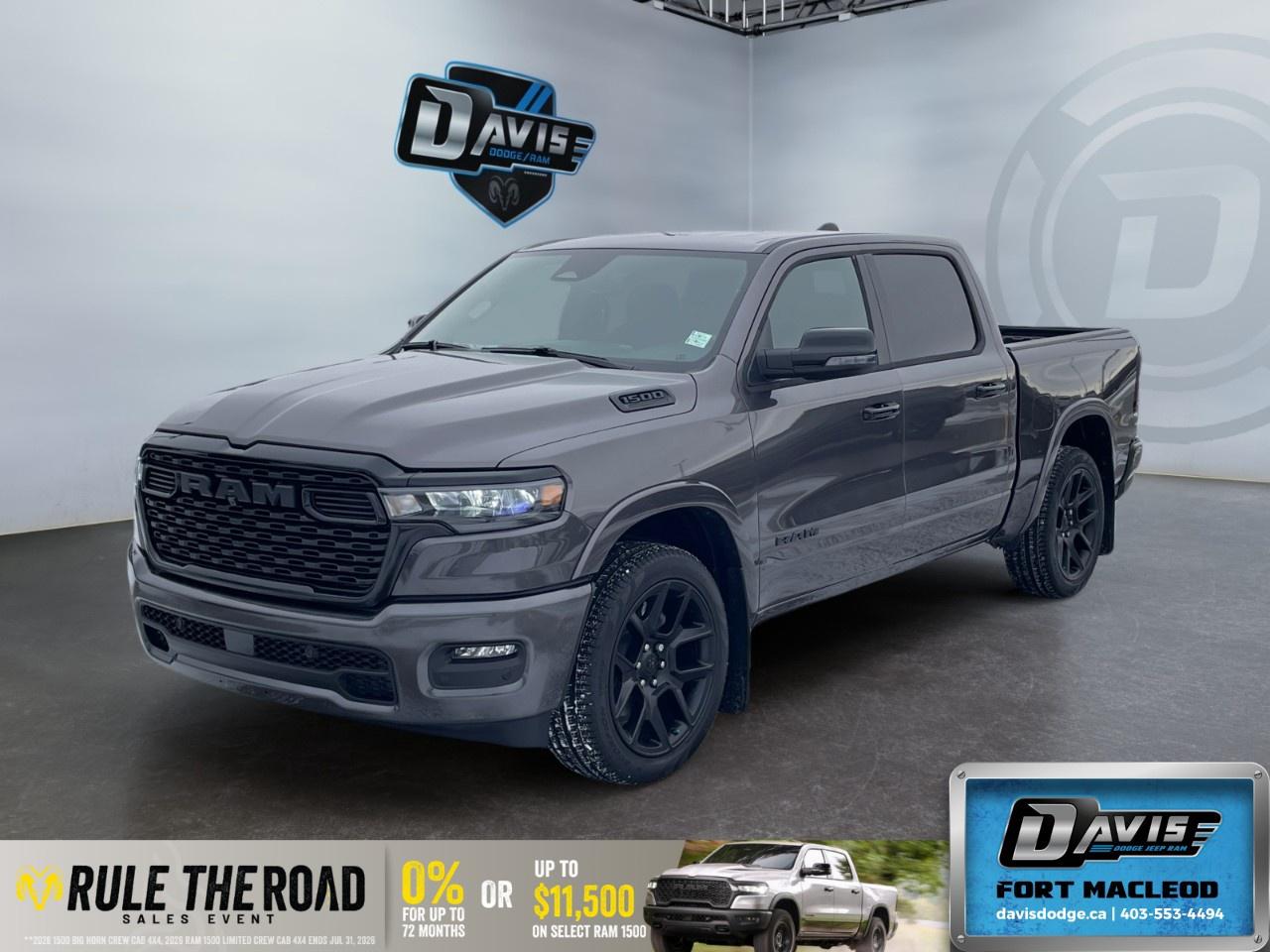 <h3>🔧 <strong>Performance & Capability</strong></h3><ul><li><p><strong>3.0L Hurricane SO Twin Turbo I6 w/ ESS</strong></p></li><li><p><strong>8-Speed Automatic Transmission</strong></p></li><li><p><strong>3.92 Rear Axle Ratio</strong></p></li><li><p><strong>Anti-Spin Rear Differential</strong></p></li><li><p><strong>Trailer Brake Control</strong></p></li><li><p><strong>124.9L (27.4 gal) Fuel Tank</strong></p></li><li><p><strong>Dual Black Exhaust Tips</strong></p></li></ul><h3>🖤 <strong>Night Edition Package</strong></h3><ul><li><p>20 x 9 Aluminum Painted Clad Wheels</p></li><li><p>Black Mesh Grille w/ Black Surround</p></li><li><p>Black Exterior Badging & RAM Grille Badge</p></li><li><p>Black Headlamp & Tail Lamp Bezels</p></li><li><p>Black Mirror Caps & Interior Accents</p></li><li><p>Body-Colour Bumpers & Fender Flares</p></li></ul><h3> <strong>Big Horn Level 2 Equipment Group</strong></h3><ul><li><p><strong>12 Uconnect 5W Touchscreen w/ Navigation</strong></p></li><li><p><strong>9 Alpine Speakers w/ Subwoofer</strong></p></li><li><p>Wireless Charging Pad</p></li><li><p>Heated Front Seats & Heated Steering Wheel</p></li><li><p>Power Adjustable Pedals</p></li><li><p>Dual-Zone Automatic Climate Control</p></li><li><p>Rear Power Sliding Window</p></li><li><p>Remote Tailgate Release</p></li><li><p>Universal Garage Door Opener</p></li><li><p>7 Customizable Digital Cluster</p></li><li><p>400W Inverter & 115V Power Outlets</p></li><li><p>2nd-Row In-Floor Storage Bins</p></li></ul><h3>🪑 <strong>Interior & Comfort</strong></h3><ul><li><p>Black Deluxe Cloth Bucket Seats</p></li><li><p>Power 8-Way Driver Seat w/ Lumbar</p></li><li><p>Leather-Wrapped Steering Wheel</p></li><li><p>Rear Centre Armrest</p></li><li><p>LED Interior & Footwell Lighting</p></li></ul><h3></h3>