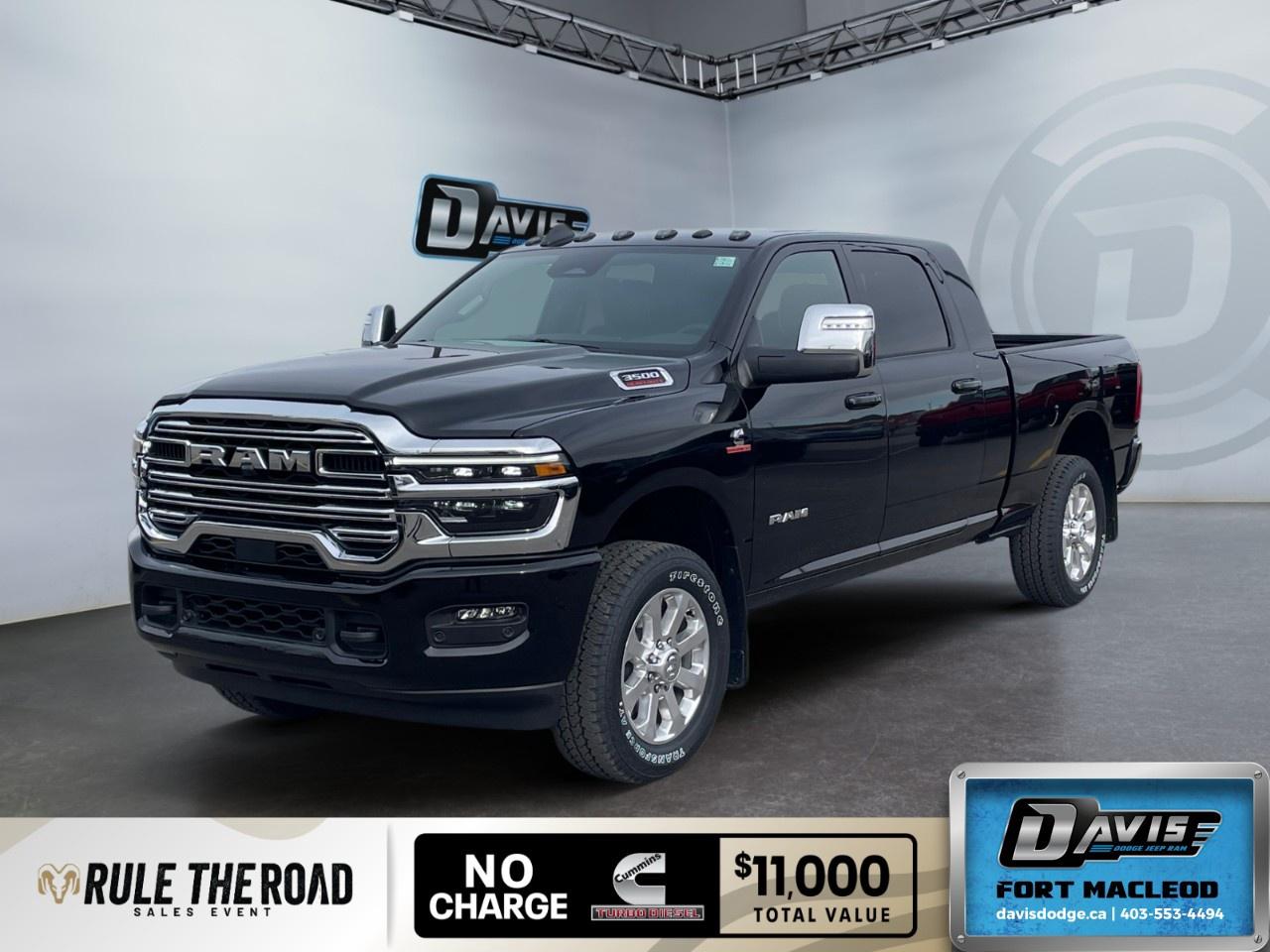 <p>The 2026 Ram 3500 Laramie 4x4 Mega Cab 6'4" Box is now available in a stunning black finish at Davis Dodge Fort Macleod. With its 4x4 drivetrain, this truck is built for handling any terrain with ease.</p> <p><strong>Interior Features:</strong></p> <ul><li>Luxurious black leather-faced bucket seats with ventilated front seating</li><li>Heated and cooled seats for comfortable traveling in any season</li><li>Dual wireless charging pads to keep devices powered</li><li>Full-length upgraded floor console and leatherette steering wheel</li></ul> <p><strong>Exterior Features:</strong></p> <ul><li>Diamond Black Crystal Pearlcoat for a luxurious exterior</li><li>20" x 8" polished aluminum wheels with LT285/60R20E OWL On-/Off-Road tires</li><li>5th Wheel/Gooseneck Towing Prep Group included for towing convenience</li><li>Power Tailgate Release and Clearance Lamps</li></ul> <p><strong>Technology & Safety Features:</strong></p> <ul><li>Navigation and smart device integration for seamless connectivity</li><li>Adaptive Cruise Control and lane assist for a safer drive</li><li>Rearview backup camera and parking sensors for enhanced parking ease</li><li>Wi-Fi hotspot for connectivity on the go</li></ul> <p>Perfect for those needing power and luxury, this Ram 3500 Laramie is a must-see. Contact Davis Dodge Fort Macleod today to learn more and schedule your test drive!</p>