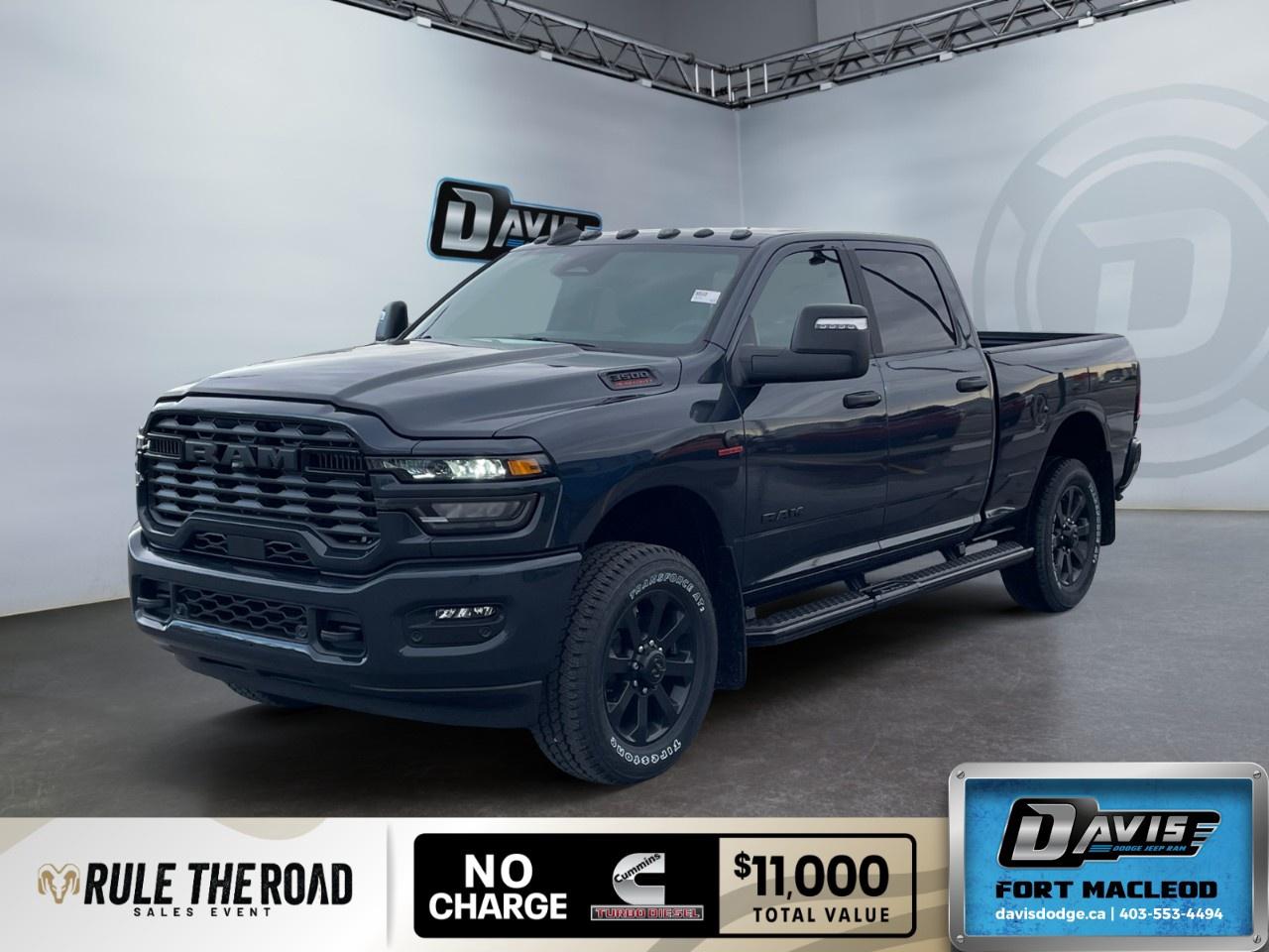 <p>Introducing the powerful and robust 2026 Ram 3500 Big Horn 4x4 Crew Cab 6'4" Box, now available at Davis Dodge Fort Macleod. With its striking blue exterior and 4x4 drivetrain, this truck is built for exceptional handling and performance.</p> <p><strong>Interior Features:</strong></p> <ul><li>Spacious black premium cloth front bucket seats with fold-flat load floor and storage</li><li>Advanced 12" touchscreen display with Uconnect 5 Nav</li><li>Luxurious heated seats and heated steering wheel</li><li>Power 8-way adjustable driver seat with lumbar support</li><li>Dual glove boxes and in-floor storage bins</li><li>9 Alpine speakers with subwoofer offering superior sound quality</li></ul> <p><strong>Exterior Features:</strong></p> <ul><li>20" x 8" black aluminum wheels add a sporty touch</li><li>Gloss black nostrils with black grille and body-color bumper</li><li>MOPAR deployable bed step and spray-in bedliner for added convenience</li><li>Proudly displays Cummins Turbo Diesel badge</li><li>Night Edition black exterior badging</li></ul> <p><strong>Technology & Safety Features:</strong></p> <ul><li>Engine: 6.7L Cummins I-6 HO Turbo Diesel ensures powerful performance and includes heavy-duty engine cooling</li><li>Wi-Fi hotspot and Alexa Built-In offer modern connectivity</li><li>Comprehensive safety package with adaptive cruise control, lane assist, and brake assist</li><li>Parking sensors and backup camera for improved maneuverability</li><li>Forward & Reverse Utility Lights for night-time convenience</li></ul> <p>Ideal for the dynamic and adventurous individual seeking power and technology in their vehicle. Don't miss out on this opportunity to own a vehicle that seamlessly integrates performance with luxury. Contact Davis Dodge Fort Macleod today for more information and to schedule a test drive.</p>