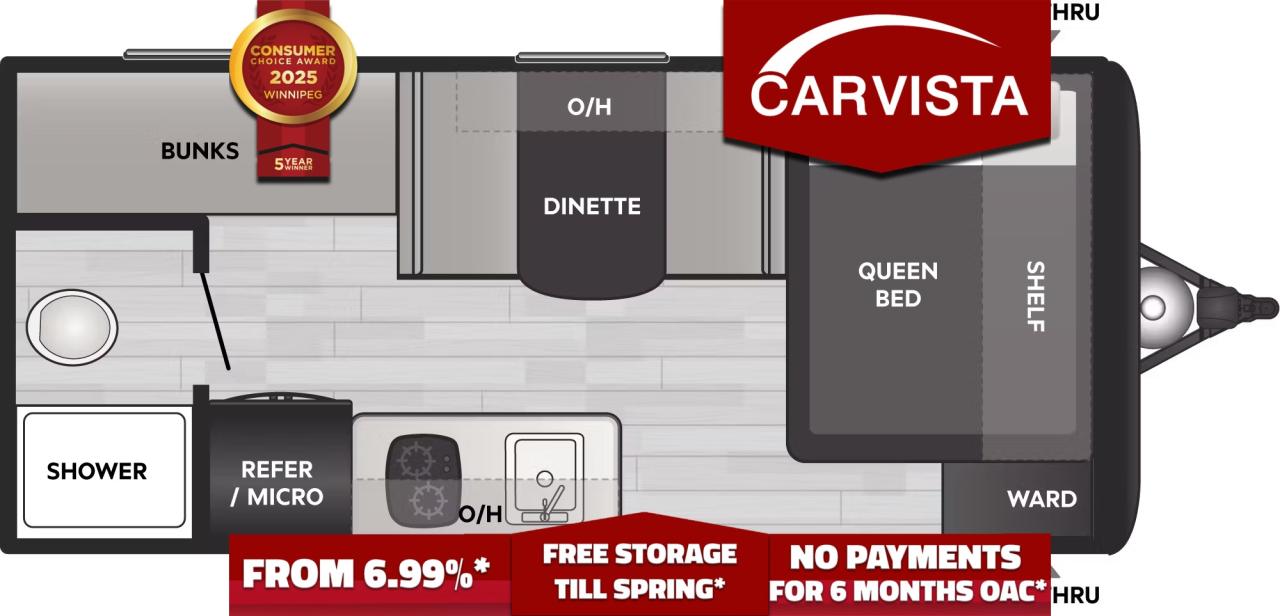 FREE WINTER STORAGE AND WINTERIZATION***   No Payments for up to 6 months. Low interest options available! Come see why Carvista has been the Consumer Choice Award Winner for 5 consecutive years! 2021-2025!

Come see why Carvista has been the Consumer Choice Award Winner for 5 consecutive years! 2021, 2022, 2023, 2024 and 2025! Dont play the waiting game, our units are in-stock, no pre-order necessary!! See for yourself why Carvista has won this prestigious award and continues to serve its community. Carvista Approved! Our RVista package includes a complete inspection of your camper that includes general testing of the camper systems! We pride ourselves in providing the highest quality trailers possible, and include a rigorous detail to ensure you get the cleanest trailer around.
Prices and payments exclude GST OR PST 
Carvista Inc. Dealer Permit # 1211
Category: Used Camper
Units may not be exactly as shown, please verify all details with a sales person.