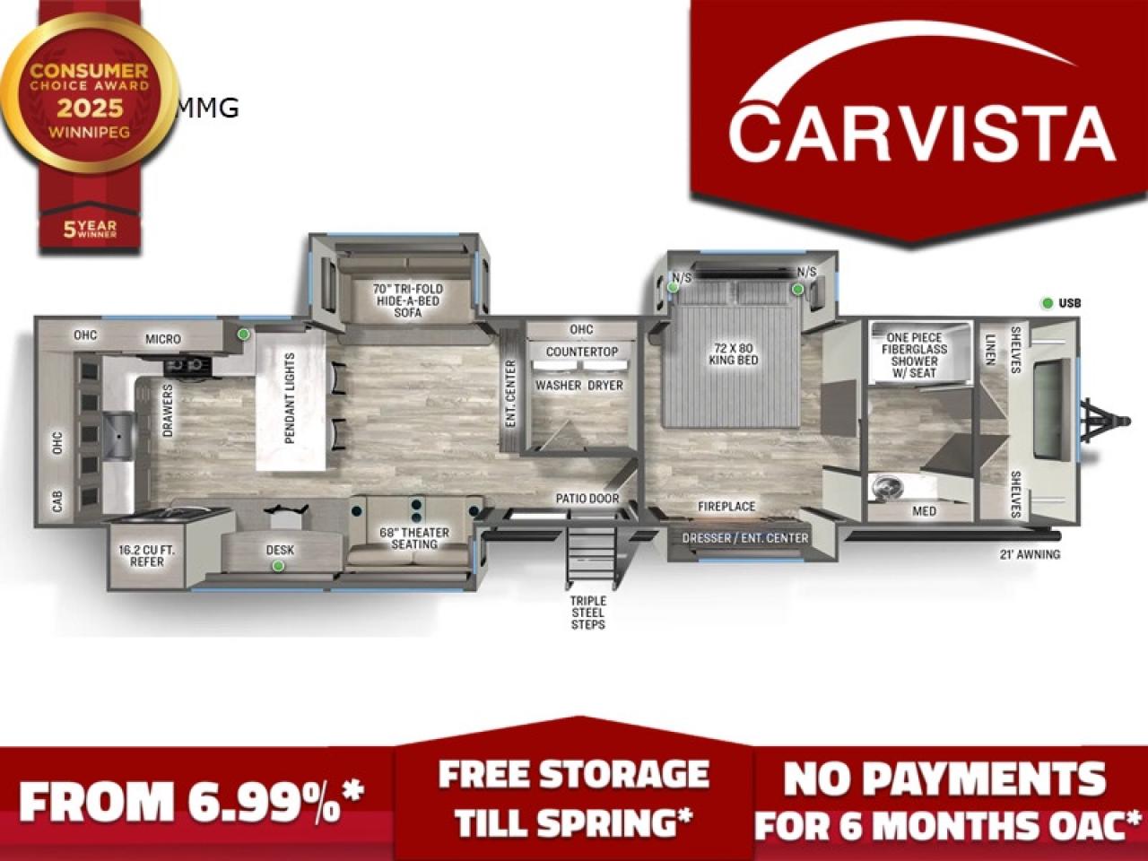 FREE WINTER STORAGE AND WINTERIZATION***   No Payments for up to 6 months. Low interest options available! Come see why Carvista has been the Consumer Choice Award Winner for 5 consecutive years! 2021-2025!

Come see why Carvista has been the Consumer Choice Award Winner for 5 consecutive years! 2021, 2022, 2023, 2024 and 2025! Dont play the waiting game, our units are in-stock, no pre-order necessary!! See for yourself why Carvista has won this prestigious award and continues to serve its community. Carvista Approved! Our RVista package includes a complete inspection of your camper that includes general testing of the camper systems! We pride ourselves in providing the highest quality trailers possible, and include a rigorous detail to ensure you get the cleanest trailer around.
Prices and payments exclude GST OR PST 
Carvista Inc. Dealer Permit # 1211
Category: Used Camper
Units may not be exactly as shown, please verify all details with a sales person.