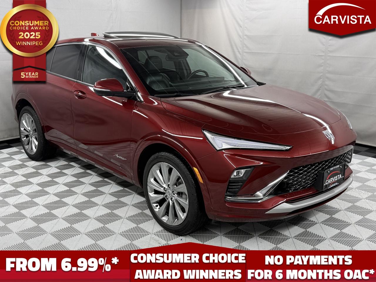 CONSECUTIVE COMSUMER CHOICE AWARD WINNERS!

LEATHER HEATED SEATS/STEERING WHEEL, FRONT CRASH DETECTION, SUNROOF, WIRELESS PHONE CHARGING, REVERSE CAMERA, POWER LIFTGATE, REMOTE START, ANDROID/APPLE CARPLAY, BLUETOOTH HANDSFREE, NO ACCIDENTS, 1 OWNER, FACTORY WARRANTY

Meet the 2024 Buick Envista AVENIR Buicks sleek, coupe inspired compact SUV that blends premium style with everyday practicality. This one owner, accident free Envista AVENIR delivers a sharp road presence with upscale details, a modern cabin, and the kind of tech youll use every day. Best of all, its backed by factory warranty coverage until September 25, 2029 or 100,000 km (whichever comes first), giving you added peace of mind for the road ahead.

From the moment you see it, the AVENIR trim stands out with its refined design cues, sporty profile, and premium finishes. Inside, youll find a driver focused layout with comfortable seating, smart storage, and a clean, contemporary dash that feels far more upscale than youd expect in this class. The Envista is easy to live with simple to park, efficient to drive, and comfortable for commuting, errands, and weekend plans.

On the road, the Envista AVENIR is tuned for smoothness and confidence, with responsive handling and a quiet, composed ride that makes city driving feel effortless. Whether youre upgrading from a sedan or downsizing from a larger SUV, the Envista hits that sweet spot: stylish, practical, and loaded with value.

If youre looking for a modern, warranty backed SUV with premium trim appeal, this 2024 Buick Envista AVENIR checks all the boxes, no accidents, one owner, and factory warranty to 2029. Come see it today and experience why the Envista is one of Buicks most exciting new models.

5 years running, consecutive receivers of the prestigious Consumer Choice Award in 2021, 2022, 2023, 2024 and 2025! Low rate dealer arranged financing available! 
At Carvista we offer a unique buying experience, with no deceiving finance gimmicks and trades are welcome but not required! Carvista is a family operated business that has been in business for over 25 years, and has earned a A+ BBB Accreditation and outstanding consumer accolades. Offering 175 quality pre-owned vehicles, all are certified and Carfax verified, most with remaining factory warranty and a modern facility located on Winnipegs Regent Ave strip. We welcome you to visit us at 1201 Regent Ave W, at Carvista, and drive away in a like new vehicle for less. In many cases we can offer no payments for 6 months! Dont let your trade or credit stop you, we accept any kind, any time. CARVISTA.CA, "Where the deals are".
 Prices and payments exclude GST OR PST Carvista Inc. 
Dealer Permit # 1211, Category: Used Vehicle 
Please verify all ad details with a Carvista sales person, vehicle may not be exactly as shown.