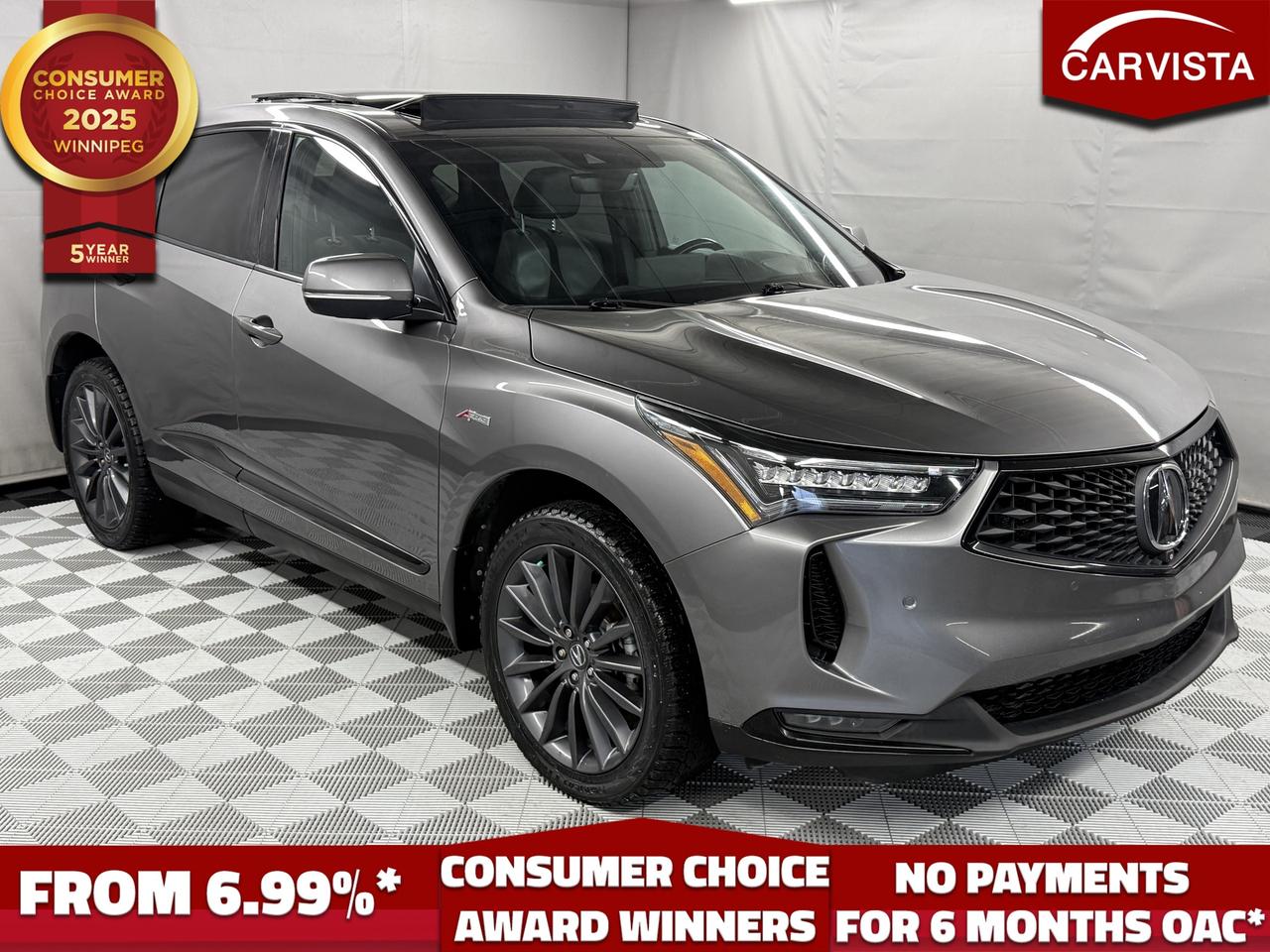 CONSECUTIVE COMSUMER CHOICE AWARD WINNERS!

LEATHER HEATED/COOLED SEATS, HEATED STEERING WHEEL, PANORAMIC SUNROOF, NAVIGATION, REVERSE CAMERA/360, LANE ASSIST, BLIND SPOT MONITORING, ADAPTIVE CRUISE CONTROL, ANDROID/APPLE CARPLAY, ELS AUDIO, HEADS UP DISPLAY, WIRELESS PHONE CHARGING, POWER LIFTGATE, REMOTE START, NO ACCIDENTS

Turn heads and drive with confidence in this 2022 Acura RDX Platinum Elite A-Spec AWD, a luxury SUV that perfectly blends aggressive A-Spec styling, premium comfort, and Acuras legendary performance. With no accidents, this RDX stands out as an exceptionally clean, well cared for example of one of the most sought after compact luxury SUVs on the market.

Finished with the bold, sporty presence the A-Spec package is known for, this RDX delivers a commanding look with its distinctive body styling, premium wheels, and athletic stance. Inside, the cabin is every bit as impressive, offering a high end driver focused interior loaded with upscale materials, premium seating, and all the comfort you expect from Acuras top tier trim lineup.

Under the hood, the turbocharged powertrain delivers strong, responsive performance, while AWD gives you the confidence to tackle changing road conditions with ease. Whether you are commuting through the city, heading out on the highway, or navigating tough Canadian weather, this RDX offers a smooth, refined ride with the sporty handling Acura is known for.

This Platinum Elite A-Spec comes packed with premium features including a panoramic moonroof, leather and Ultrasuede-trimmed interior, heated and ventilated front seats, heated rear seats, heated steering wheel, navigation, Apple CarPlay and Android Auto, premium audio, surround view camera system, heads-up display, wireless charging, power liftgate, and a full suite of advanced safety technology including adaptive cruise control, lane keep assist, blind spot monitoring, and collision mitigation braking.

If you are looking for a luxury SUV that offers sharp styling, outstanding comfort, advanced technology, and peace of mind with a no accident history, this 2022 Acura RDX Platinum Elite A-Spec AWD is an excellent choice. It is the perfect combination of sport and sophistication, ready to elevate every drive.

5 years running, consecutive receivers of the prestigious Consumer Choice Award in 2021, 2022, 2023, 2024 and 2025! Low rate dealer arranged financing available! 
At Carvista we offer a unique buying experience, with no deceiving finance gimmicks and trades are welcome but not required! Carvista is a family operated business that has been in business for over 25 years, and has earned a A+ BBB Accreditation and outstanding consumer accolades. Offering 175 quality pre-owned vehicles, all are certified and Carfax verified, most with remaining factory warranty and a modern facility located on Winnipegs Regent Ave strip. We welcome you to visit us at 1201 Regent Ave W, at Carvista, and drive away in a like new vehicle for less. In many cases we can offer no payments for 6 months! Dont let your trade or credit stop you, we accept any kind, any time. CARVISTA.CA, "Where the deals are".
 Prices and payments exclude GST OR PST Carvista Inc. 
Dealer Permit # 1211, Category: Used Vehicle 
Please verify all ad details with a Carvista sales person, vehicle may not be exactly as shown.