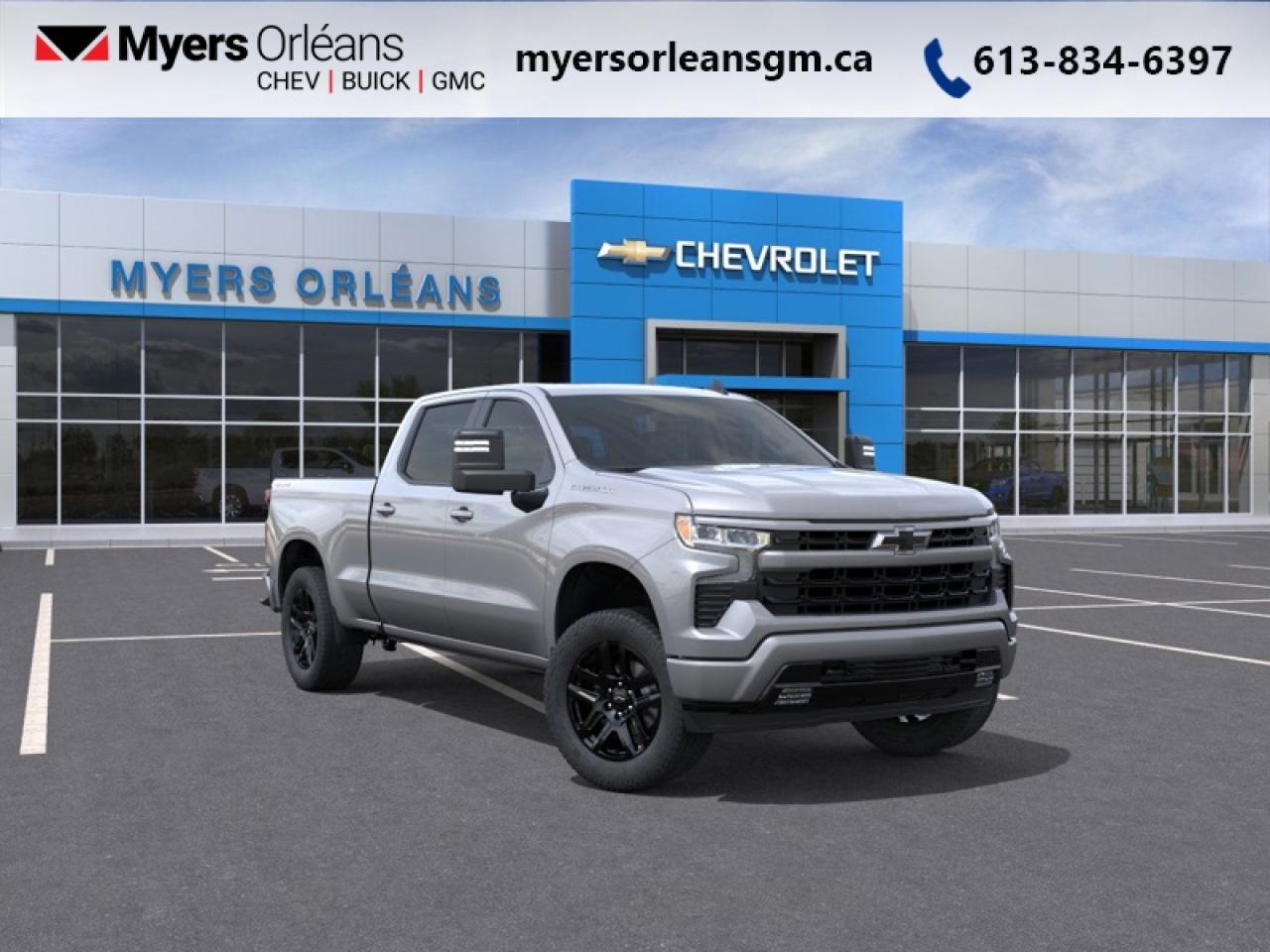 <b>Sunroof, Convenience Package II, 20 inch Aluminum Wheels, Power Mirrrors, Max Trailering Package!</b><br> <br> <br> <br>For more than 80 years, the Myers Automotive Group has brought exceptional vehicles and world-class service to drivers in the Ottawa area. Myers Orleans Chevrolet Buick GMC is proud to serve Greater Ottawa, and to continue the tradition of excellence that the Myers name is known for. We are your trusted and professional choice since 1942!<br> <br>The 2026 Chevrolet Silverado 1500 blends bold styling, rugged capability and modern technology into a full-size pickup built for whatever you throw at it. <br> <br>The 2026 Chevrolet Silverado 1500 delivers full-size pickup performance with a polished interior and smart technology to meet the demands of both work and play. Inside youll find an interior designed for comfort and connectivity, outfitted with modern amenities and a layout that supports both productivity and leisure. With such versatility, the Silverado 1500 stands ready to take on the tough jobs and the long drives in equal fashion.<br> <br>This Sterling Grey Metallic Crew Cab 4X4 pickup has an Automatic transmission and is powered by a 355HP 5.3L 8 Cylinder Engine. <br> <br> Our Silverado 1500s trim level is RST. This trim steps things up with heated front seats, a heated steering wheel and dual-zone climate control, along with a trailering package, remote start, aluminum wheels, hitch guidance, a power locking EZ lift tailgate, and an upgraded 13.4-inch infotainment display with navigation capability, Apple CarPlay and Android Auto. Safety features also include lane keep assist with lane departure warning, following distance indication, forward collision alert, and automatic emergency braking with front pedestrian braking. This vehicle has been upgraded with the following features: Sunroof, Convenience Package II, 20 inch Aluminum Wheels, Power Mirrrors, Max Trailering Package.<br><br> <br>To apply right now for financing use this link: <a href=https://www.myersorleansgm.ca/FinancePreQualForm target=_blank>https://www.myersorleansgm.ca/FinancePreQualForm</a><br><br> <br/> Total  rebate of $5000 is reflected in the price.   Incentives expire 2026-02-02.  See dealer for details. <br> <br>At Myers Orleans Chevrolet, youll find an impressive inventory of brand-new Chevrolet, Buick, and GMC vehicles. But we dont stop there! We also offer an amazing array of gently-used cars, trucks, and SUVs from Chevrolet, as well as a selection of alternate-brand used vehicles from some of Canadas favourite auto makers. When you choose to shop with Myers, youre not limited to what you can find on our well-appointed lot. Youve got the resources of an entire automotive group at your fingertips! Our friendly, no-pressure sales team will go through your list of must-haves, and will match you with the vehicle from Myers that checks off all the right boxes.<br> Come by and check out our fleet of 20+ used cars and trucks and 240+ new cars and trucks for sale in Orleans.  o~o