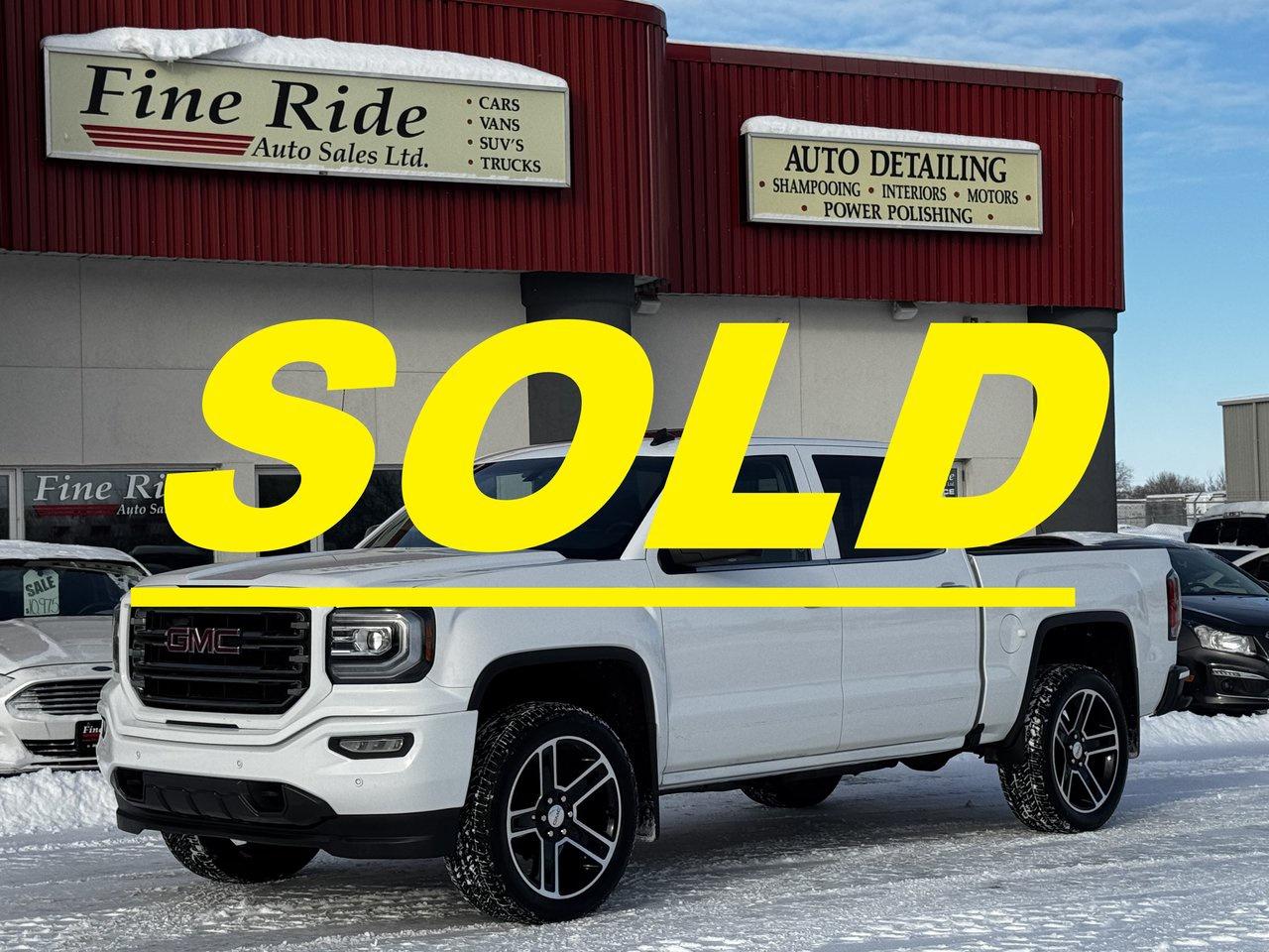 <p><strong>SOLD</strong></p><p>2016 GMC Sierra 1500 SLT Crew Cab 4X4</p><p>6.2LTR V8<br>A/C<br>Telescopic tilt steering<br>Cruise<br>Power windows<br>Power locks<br>Power folding mirrors<br>Power heated seats<br>Memory seat (drivers)<br>Heated steering wheels<br>Power pedals<br>Power sliding rear window<br>5 passengers<br>AM/FM radio<br>Bluetooth<br>278,000 HIGHWAY kms!<br>Remote starter<br>Back up camera<br>22 Black & aluminum wheels<br>Newer tires<br>Fog lights<br>Sunroof</p><p>GVW: 7,200LBS<br>Gear ratio: 3.23<br>Transmission: 8 speed, 8L90<br>Towing: Approximately 9,500LBS</p><p>$20,975 Safetied<br>Financing and Warranty Available at Fine Ride Auto Sales Ltd<br>www.FineRideAutoSales.ca</p><p>Call: 204-415-3300 or 1-855-854-3300<br>Text: 204-226-1790<br>View in person at: Unit 3-3000 Main Street</p><p>DLR# 4614<br>**Plus applicable taxes**</p><p></p><p><span style=color:#000000;><span style=font-family:book antiqua, palatino, serif;font-size:14pt;>Monday                9am to 6pm</span></span><br><span style=color:#000000;><span style=font-family:book antiqua, palatino, serif;font-size:14pt;>Tuesday               9am to 6pm</span></span><br><span style=color:#000000;><span style=font-family:book antiqua, palatino, serif;font-size:14pt;>Wednesday               9am to 6pm</span></span><br><span style=color:#000000;><span style=font-family:book antiqua, palatino, serif;font-size:14pt;>Thursday                9am to 6pm</span></span><br><span style=color:#000000;><span style=font-family:book antiqua, palatino, serif;font-size:14pt;>Friday                9am to 5pm</span></span><br><span style=color:#000000;><span style=font-family:book antiqua, palatino, serif;font-size:14pt;>Saturday                             10am to 2pm</span></span><br><span style=color:#000000;><span style=font-family:book antiqua, palatino, serif;font-size:14pt;>Sunday                    CLOSED</span></span></p>