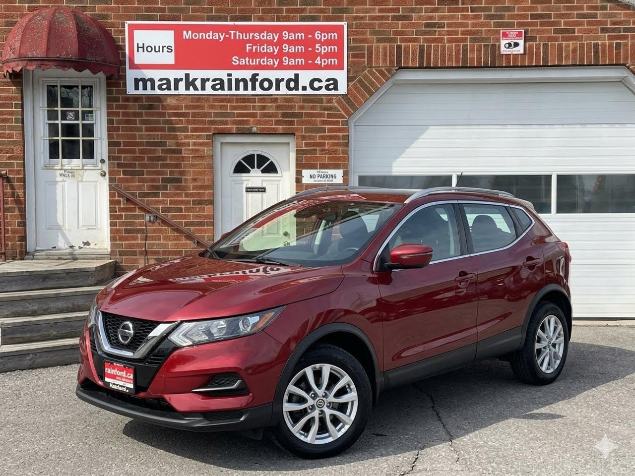 <p>Super-Clean, sharp-looking Nissan Qashqai from Whitby, ON! This SV FWD model looks fantastic in its Burgundy paint and factory Alloy wheels, with nice options inside and out! The exterior features keyless entry with remote start and proximity keys, a large factory power sunroof, colour-matched side mirrors with integrated turn signals, automatic headlights, roof rack rails, a sleek rear spoiler, Nissan Safety Shield with rear parking sensors, forward adaptive settings and collision warnings, blind spot warning, gorgeous factory alloy wheels with <strong>NEW</strong> All-Season tires freshly installed, a peppy fuel efficient 2.0L 4-cylinder Engine and CVT Automatic Transmission! The interior is clean and comfortable with heated cloth front seats, power door locks, windows and mirrors, a large cargo area, a heated leather wrapped steering wheel with Audio and Cruise controls, an easy-to-read and use gauge cluster, push button start, a large central touch screen AM/FM/XM Satellite Radio with Bluetooth, Apple CarPlay, Android Auto, CD Player and Backup Camera, Dual-Zone A/C climate controls with front and rear window defrost settings, Sport/ECO driving modes, USB/AUX/12V accessory ports and more!</p><p>&nbsp;</p><p>Carfax Claims Free, Good KM, Nice options AND fresh Tires!</p><p>&nbsp;</p><p>Call (905) 623-2906</p><p>&nbsp;</p><p>Text Ryan: (905) 429-9680 or email: ryan@markrainford.ca</p><p>&nbsp;</p><p>Text Mark: (905) 431-0966 or email: mark@markrainford.ca</p>