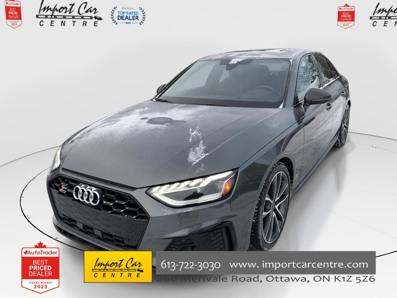 *** OTTAWA&rsquo;S ORIGINAL IMPORT DEALER!!  SMETANA APPROVED ***  349 horses with 369 foot pounds of torque found under the hood, incredible Quattro all wheel drive handling, equipment that will satisfy the most sophisticated palate and incredible value for your hard earned dollar!!  Finished in Quantum Grey with matching gorgeous black leather seats with diamond stitching, sport suspension, tri-zone climate control, Bang & Olufsen sound system, massaging seats, heads up display, Audi virtual cockpit, sport seats with thigh extensions, navigation, heated seats, heated steering wheel, paddle shifters, 19 Audi sport alloys, Audi Drive Select, start/stop function, traction control, park distance, 2 stage drivers seat memory, speed warning, Audi adaptive cruise control, distance warning, traffic jam assist, Audi active lane assist, Audi pre-sense, Audi side assist, rain sensors, rear cross traffic alert, Apple Car Play, Android Auto all compliment this stunning 2022 Audi S4 Technik.  Perfection and beyond!!  Home of the Platinum up to 240,000kms warranty and financing is always available O.A.C Import Car Centre, proudly serving the Ottawa and surrounding area for over 45 years. Come down and experience Import Car Centre for yourself and see just why our customers are so happy!  Advertised price includes $22 OMVIC fee and $40 Carproof.  Excludes taxes and licensing.<

 #importcarcentre #smetanaapproved #iccs
