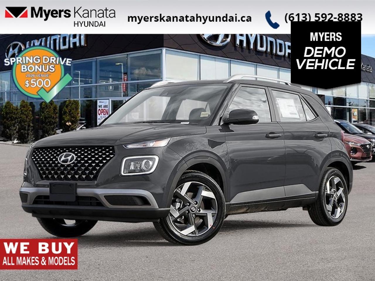<b>Heated Seats,  Heated Steering Wheel,  Remote Start,  Blind Spot Monitoring,  Lane Keep Assist!</b><br> <br> From the first step inside the 2026 Hyundai Venue youll enjoy the features that make the cabin space your favourite place to be.<br> <br>With an amazing, urban sized footprint, plus a massive amount of cargo space, this 2026 Venue can do it all. Whether you need a grocery getter, kid hauler, or an errand runner, this 2026 Venue is ready to turn everything into an adventure. This modern Venue has a bold yet sophisticated SUV profile that radiates road presence and allows you to express your unique sense of style.<br> <br>This Ecotronic Gry SUV has an Automatic transmission and is powered by a 121HP 1.6L 4 Cylinder Engine. <br> <br> Our Venues trim level is Ultimate. This cabin emphasizes comfort with heated front bucket seats, a 6-way adjustable drivers seat, a heated leather steering wheel, premium cloth upholstery with leatherette bolsters, and versatile 60/40 rear seating supported by thoughtful storage solutions and a sliding center armrest. A power sliding and tilting sunroof brings natural light into a space enhanced by automatic climate control, illuminated touchpoints, smart key access with push-button start, and well-organized cabin bins. Technology and infotainment are streamlined through an 8-inch touchscreen with wireless Android Auto and Apple CarPlay, Bluetooth voice recognition, streaming audio, six speakers, and a clean digital display cluster with redundant digital speedometer and trip functions. Safety is extensive, providing forward collision-avoidance assist, blind-spot and rear cross-traffic warnings, lane-keeping support, driver-monitoring alert, stability and traction systems, multiple airbags including full-length curtains, tire-pressure monitoring, and a rearview camera. This vehicle has been upgraded with the following features: Heated Seats, Heated Steering Wheel, Remote Start, Blind Spot Monitoring, Lane Keep Assist, Collision Mitigation. This is a demonstrator vehicle driven by a member of our staff, so we can offer a great deal on it.<br><br> <br>To apply right now for financing use this link: <a href=https://www.myerskanatahyundai.com/finance/ target=_blank>https://www.myerskanatahyundai.com/finance/</a><br> <br/>This vehicle may qualify for $500 Military Program Bonus. 5.99% financing for 96 months. <br> Buy this vehicle now for the lowest weekly payment of <b>$104.91</b> with $0 down for 96 months @ 5.99% APR O.A.C. ( Plus applicable taxes - $2596 and licensing fees **Rebates may not be applicable on all purchase types [cash, lease, or finance]. Eligibility and conditions may vary. Please see dealer for full details and confirmation of eligibility. ). Incentives expire 2026-08-31. See dealer for details. <br><br>This vehicle is located at Myers Kanata Hyundai 400-2500 Palladium Dr Kanata, Ontario. <br><br> Come by and check out our fleet of 40+ used cars and trucks and 190+ new cars and trucks for sale in Kanata.  o~o