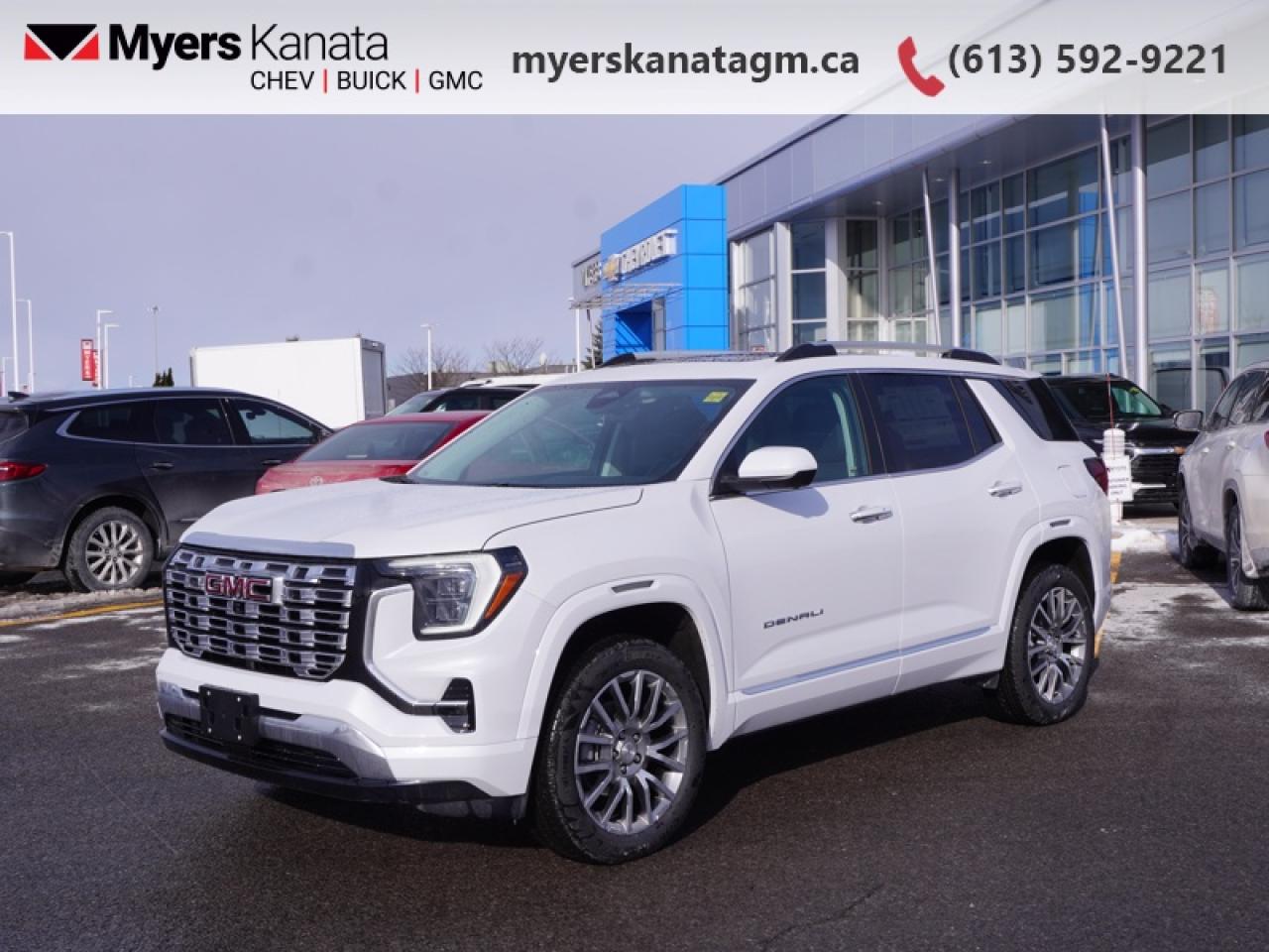 <b>Leather Seats, Denali Preferred Equipment Group!</b><br> <br> <br> <br>At Myers, we believe in giving our customers the power of choice. When you choose to shop with a Myers Auto Group dealership, you dont just have access to one inventory, youve got the purchasing power of an entire auto group behind you!<br> <br>This 2026 GMC Terrain sports a muscular appearance with voluminous interior space and plus ride quality. <br> <br>From endless details that drastically improve this SUVs usability, to striking style and amazing capability, this 2026 Terrain is exactly what you expect from a GMC SUV. The interior has a clean design, with upscale materials like soft-touch surfaces and premium trim. You cant go wrong with this SUV for all your family hauling needs.<br> <br>This Glacier White Tricoat SUV has an Automatic transmission. <br> <br> Our Terrains trim level is Denali. This trim steps things up with the Convenience Package II, which adds an 8-way power driver seat with lumbar support, dual-zone climate control, AutoSense hands-free liftgate, wireless phone charging, universal home remote, rain-sensing wipers, heated wiper park, brushed aluminum roof rails, and overhead sunglass storage, while the Driver Convenience Package contributes heated front seats, heated steering wheel, remote start, illuminated vanity mirrors, and express-up/down windows. A 15 Premium Infotainment System with Google Built-In, wireless Apple CarPlay/Android Auto, 5G connectivity, Wi-Fi hotspot, SiriusXM with 360L, adaptive cruise control, multiple USB ports, and active noise cancellation enhance convenience and connectivity, complemented by features like HD Rear Vision Camera, Blind Zone Steering Assist, Rear Cross Traffic Braking, Enhanced Automatic Emergency Braking, Lane Keep Assist, Teen Driver mode, and OnStar services for a secure and connected driving experience. This vehicle has been upgraded with the following features: Leather Seats, Denali Preferred Equipment Group.<br><br> <br>To apply right now for financing use this link: <a href=https://www.myerskanatagm.ca/finance/ target=_blank>https://www.myerskanatagm.ca/finance/</a><br><br> <br/>   <br> Buy this vehicle now for the lowest bi-weekly payment of <b>$350.79</b> with $0 down for 84 months @ 4.79% APR O.A.C. ( Plus applicable taxes -  **Rebates may not be applicable on all purchase types [cash, lease, or finance]. Eligibility and conditions may vary. Please see dealer for full details and confirmation of eligibility.   ).  Incentives expire 2026-02-02.  See dealer for details. <br> <br>Myers Kanata Chevrolet Buick GMC Inc is a great place to find quality used cars, trucks and SUVs. We also feature over a selection of over 50 used vehicles along with 30 certified pre-owned vehicles. Our Ottawa Chevrolet, Buick and GMC dealership is confident that youll be able to find your next used vehicle at Myers Kanata Chevrolet Buick GMC Inc. You will always find our inventory updated with the latest models. Our team believes in giving nothing but the best to our customers. Visit our Ottawa GMC, Chevrolet, and Buick dealership and get all the information you need today!<br> Come by and check out our fleet of 40+ used cars and trucks and 340+ new cars and trucks for sale in Kanata.  o~o