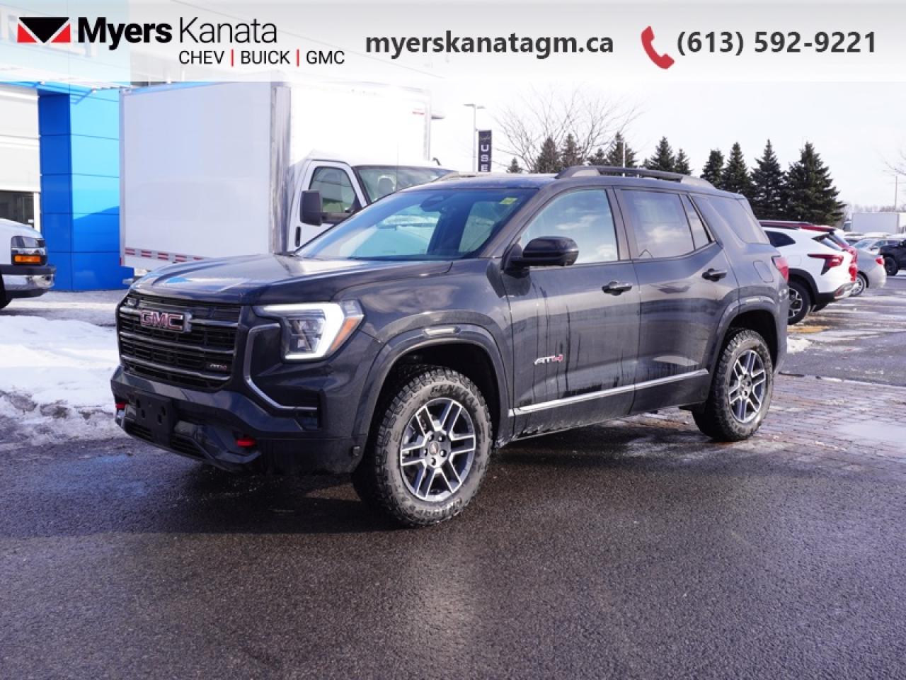 <b>Sunroof, Technology Package II, Convenience Group!</b><br> <br> <br> <br>At Myers, we believe in giving our customers the power of choice. When you choose to shop with a Myers Auto Group dealership, you dont just have access to one inventory, youve got the purchasing power of an entire auto group behind you!<br> <br>Iconic GMC styling paired with remarkable reliability make this 2026 Terrain an ideal option in the crossover SUV segment. <br> <br>From endless details that drastically improve this SUVs usability, to striking style and amazing capability, this 2026 Terrain is exactly what you expect from a GMC SUV. The interior has a clean design, with upscale materials like soft-touch surfaces and premium trim. You cant go wrong with this SUV for all your family hauling needs.<br> <br>This Ebony Twilight Metallic SUV has an Automatic transmission and is powered by a 175HP 1.5L 4 Cylinder Engine. <br> <br> Our Terrains trim level is AT4. Convenience Package II adds an 8-way power driver seat with lumbar support, dual-zone automatic climate control with humidity and windshield temperature sensors, AutoSense hands-free liftgate, RainSense wipers with heated park, a universal home remote, wireless phone charging, brushed aluminum roof rails, and overhead sunglass storage. Driver Convenience Package brings remote start, heated front seats, a heated steering wheel, illuminated vanity mirrors, and express windows for all passengers, while a 15 Premium Infotainment System with Google Built-In, SiriusXM with 360L, wireless Apple CarPlay/Android Auto, Wi-Fi hotspot, and 5G connectivity elevate entertainment and connectivity. Interior amenities include premium cloth/CoreTec seats, adaptive cruise control, multiple USB ports, dual-zone automatic climate control, rear air vents, and active noise cancellation. Safety features include Enhanced Automatic Emergency Braking, Rear Cross Traffic Braking, Reverse Automatic Braking, Blind Zone Steering Assist, Lane Keep Assist with Lane Departure Warning, HD Rear Vision Camera, Teen Driver mode, and OnStar services for comprehensive driver confidence. This vehicle has been upgraded with the following features: Sunroof, Technology Package II, Convenience Group.<br><br> <br>To apply right now for financing use this link: <a href=https://www.myerskanatagm.ca/finance/ target=_blank>https://www.myerskanatagm.ca/finance/</a><br><br> <br/>   <br> Buy this vehicle now for the lowest bi-weekly payment of <b>$337.45</b> with $0 down for 84 months @ 4.79% APR O.A.C. ( Plus applicable taxes -  **Rebates may not be applicable on all purchase types [cash, lease, or finance]. Eligibility and conditions may vary. Please see dealer for full details and confirmation of eligibility.   ).  Incentives expire 2026-02-02.  See dealer for details. <br> <br>Myers Kanata Chevrolet Buick GMC Inc is a great place to find quality used cars, trucks and SUVs. We also feature over a selection of over 50 used vehicles along with 30 certified pre-owned vehicles. Our Ottawa Chevrolet, Buick and GMC dealership is confident that youll be able to find your next used vehicle at Myers Kanata Chevrolet Buick GMC Inc. You will always find our inventory updated with the latest models. Our team believes in giving nothing but the best to our customers. Visit our Ottawa GMC, Chevrolet, and Buick dealership and get all the information you need today!<br> Come by and check out our fleet of 40+ used cars and trucks and 330+ new cars and trucks for sale in Kanata.  o~o