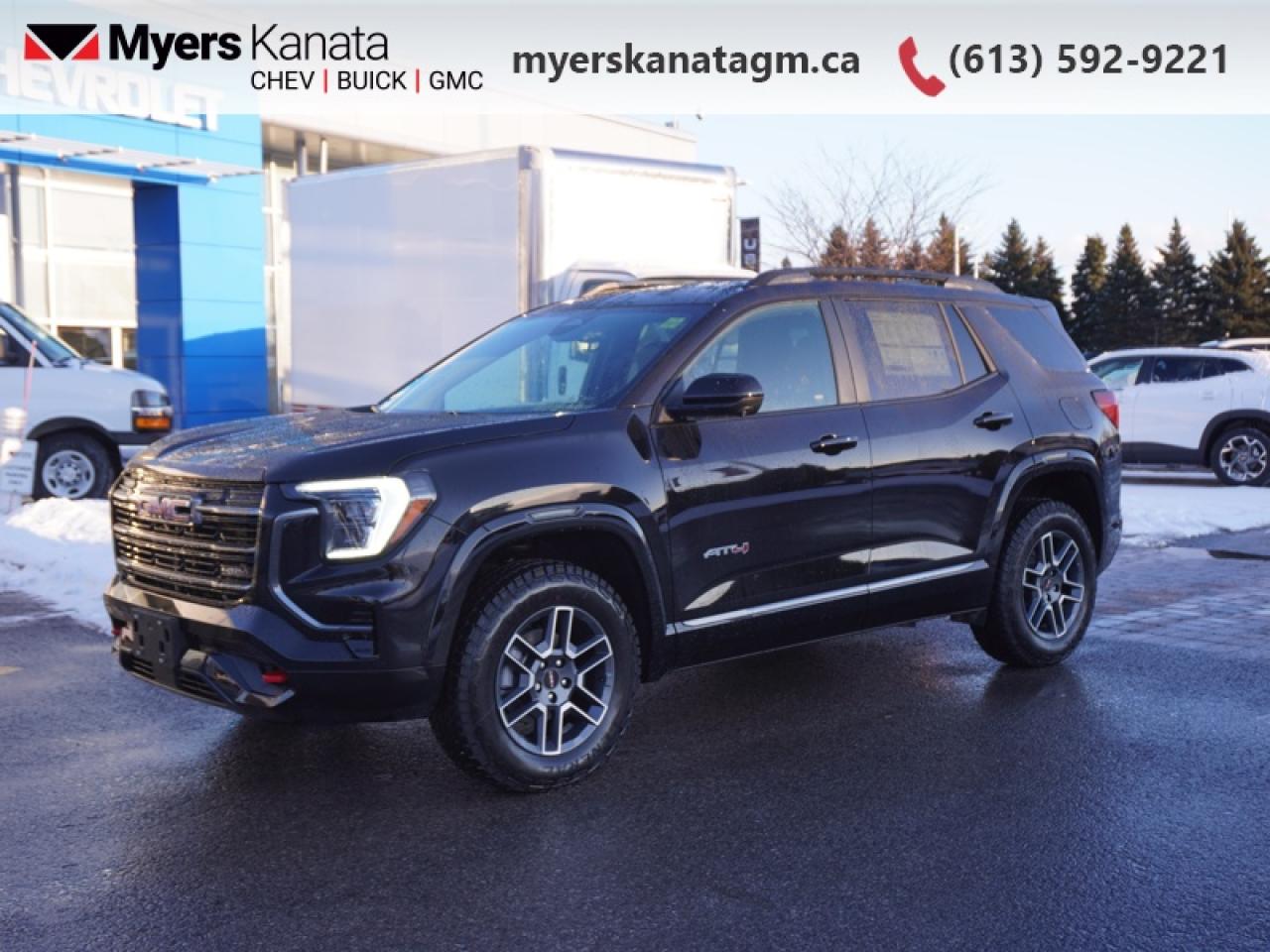 <b>Sunroof, Technology Package II, Convenience Group!</b><br> <br> <br> <br>At Myers, we believe in giving our customers the power of choice. When you choose to shop with a Myers Auto Group dealership, you dont just have access to one inventory, youve got the purchasing power of an entire auto group behind you!<br> <br>This 2026 Terrain is an exceptionally capable SUV ready to take on your urban demands. <br> <br>From endless details that drastically improve this SUVs usability, to striking style and amazing capability, this 2026 Terrain is exactly what you expect from a GMC SUV. The interior has a clean design, with upscale materials like soft-touch surfaces and premium trim. You cant go wrong with this SUV for all your family hauling needs.<br> <br>This Ebony Twilight Metallic SUV has an Automatic transmission and is powered by a 175HP 1.5L 4 Cylinder Engine. <br> <br> Our Terrains trim level is AT4. Convenience Package II adds an 8-way power driver seat with lumbar support, dual-zone automatic climate control with humidity and windshield temperature sensors, AutoSense hands-free liftgate, RainSense wipers with heated park, a universal home remote, wireless phone charging, brushed aluminum roof rails, and overhead sunglass storage. Driver Convenience Package brings remote start, heated front seats, a heated steering wheel, illuminated vanity mirrors, and express windows for all passengers, while a 15 Premium Infotainment System with Google Built-In, SiriusXM with 360L, wireless Apple CarPlay/Android Auto, Wi-Fi hotspot, and 5G connectivity elevate entertainment and connectivity. Interior amenities include premium cloth/CoreTec seats, adaptive cruise control, multiple USB ports, dual-zone automatic climate control, rear air vents, and active noise cancellation. Safety features include Enhanced Automatic Emergency Braking, Rear Cross Traffic Braking, Reverse Automatic Braking, Blind Zone Steering Assist, Lane Keep Assist with Lane Departure Warning, HD Rear Vision Camera, Teen Driver mode, and OnStar services for comprehensive driver confidence. This vehicle has been upgraded with the following features: Sunroof, Technology Package II, Convenience Group.<br><br> <br>To apply right now for financing use this link: <a href=https://www.myerskanatagm.ca/finance/ target=_blank>https://www.myerskanatagm.ca/finance/</a><br><br> <br/>   <br> Buy this vehicle now for the lowest bi-weekly payment of <b>$337.45</b> with $0 down for 84 months @ 4.79% APR O.A.C. ( Plus applicable taxes -  **Rebates may not be applicable on all purchase types [cash, lease, or finance]. Eligibility and conditions may vary. Please see dealer for full details and confirmation of eligibility.   ).  Incentives expire 2026-02-02.  See dealer for details. <br> <br>Myers Kanata Chevrolet Buick GMC Inc is a great place to find quality used cars, trucks and SUVs. We also feature over a selection of over 50 used vehicles along with 30 certified pre-owned vehicles. Our Ottawa Chevrolet, Buick and GMC dealership is confident that youll be able to find your next used vehicle at Myers Kanata Chevrolet Buick GMC Inc. You will always find our inventory updated with the latest models. Our team believes in giving nothing but the best to our customers. Visit our Ottawa GMC, Chevrolet, and Buick dealership and get all the information you need today!<br> Come by and check out our fleet of 40+ used cars and trucks and 330+ new cars and trucks for sale in Kanata.  o~o