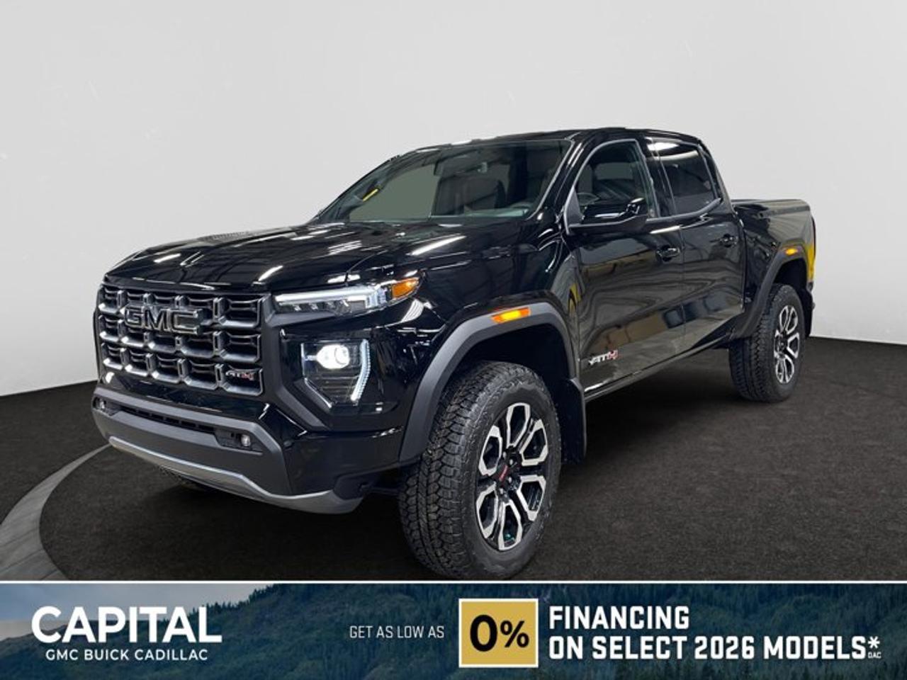 This 2026 GMC Canyon in Onyx Black is equipped with 4WD and Turbocharged Gas I4 2.7L/ engine.The GMC Canyon might be midsize, but its fully premium. Designed for easy access, an available easy lift and lower tailgate allows for smooth operation, while an integrated corner-step rear bumper provides efficient access to the truck bed and your cargo. Its the little things that set the Canyon apart, like its LED-signature front lighting, chrome grille surrounds and chrome mirror caps and door handles. The Canyon is takes premium comfort to a new level with features such as available soft-touch instrument panel and available heated driver and front passenger seats. The interior is also engineered to give you and your passengers an exceptional level of quiet, from noise-reducing innovations to triple door seals. This truck offers an engine lineup that delivers power and efficiency. This baby has 308 horsepower and can tow up to 3493 KG (7700 LB.). Intelligent control features, including traction control, trailer sway and hill descent control, available automatic rear locking differential, brake rotors and integrated trailer brake controller and diesel exhaust brake, to help you stay confidently in command no matter what you may be hauling or trailering. The Canyon provides intelligently placed controls and driver-centric features to keep you in touch, in charge and connected on the road, from available built-in Wi-Fi, an infotainment system with navigation and a rear-vision camera, to power outlets, rear seat reminders and access to the myGMC app. Youll also find state-of-the-art safety to help enhance your awareness of the road and surrounding vehicles, such as available forward collision alert, and more.Check out this vehicles pictures, features, options and specs, and let us know if you have any questions. Helping find the perfect vehicle FOR YOU is our only priority.P.S...Sometimes texting is easier. Text (or call) 306-801-9090 for fast answers at your fingertips!Dealer License #914248Disclaimer: All prices are plus taxes & fees. See dealer for Details. Dealer Permit # 914248 See dealer for Details.