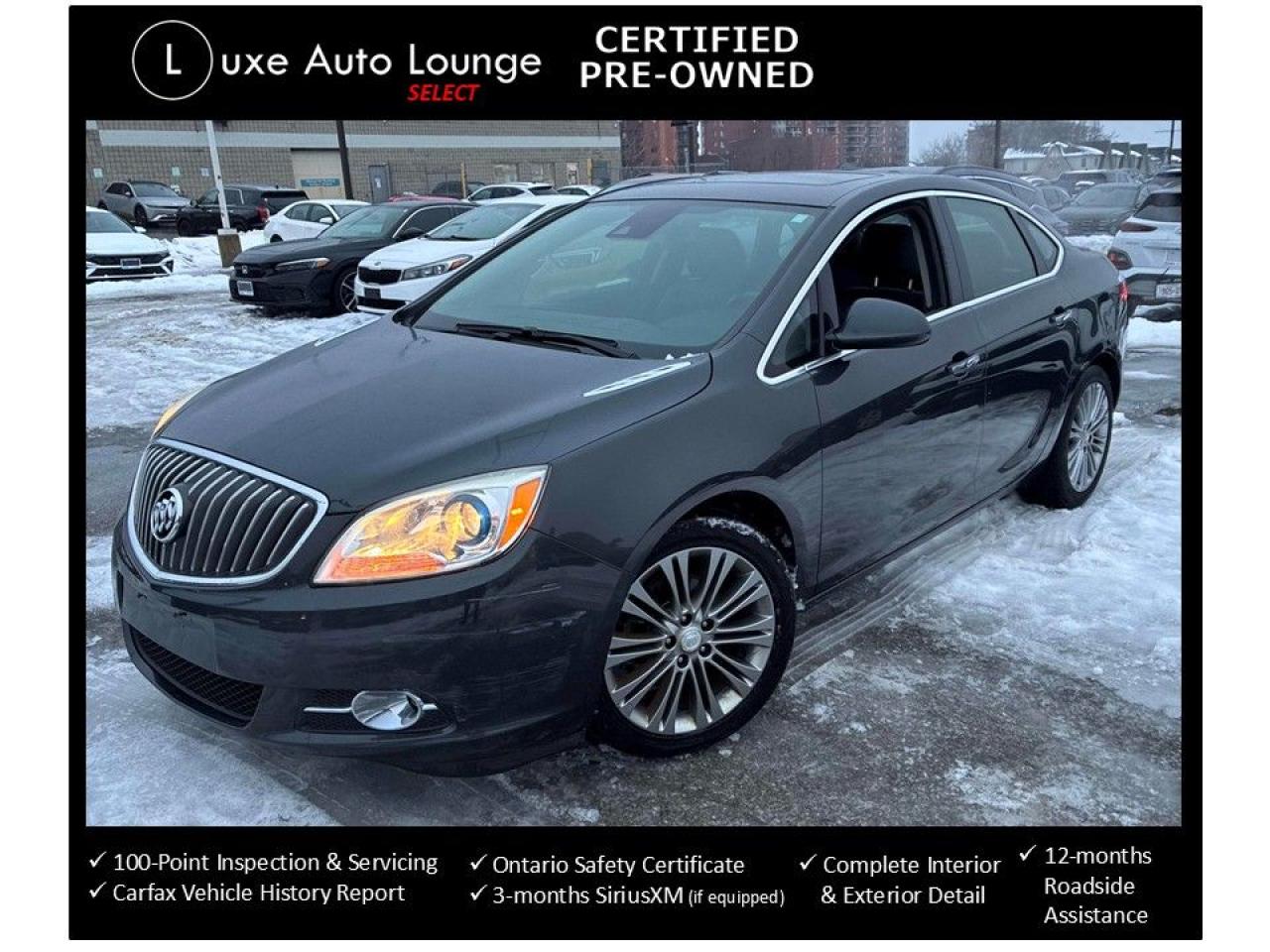 <p>WOW!!! Check out this ONE OWNER, DEALER SERVICED 2015 Buick Verano premium with RARE 2.0L 4-cylinder TURBOCHARGED engine!! BOAT LOADED including: power seats, leather interior, heated seats, heated steering wheel, navigation, power sunroof, Bose stereo, remote start, back-up camera, bluetooth hands-free, SiriusXM satellite radio and more!</p><p><span style=color: #333333; font-family: Work Sans, sans-serif; font-size: 16px; white-space: pre-wrap; caret-color: #333333; background-color: #ffffff;>This vehicle comes Luxe certified select pre-owned, which includes: 100-point inspection & servicing, oil lube and filter change, Ontario safety certificate, Available Luxe Assurance Package, complete interior and exterior detailing, Carfax Verified vehicle history report, guaranteed one key (additional keys may be purchased at time of sale) and FREE 90-day SiriusXM satellite radio trial (on factory-equipped vehicles)! </span><span style=background-color: #ffffff; color: #333333; font-family: Work Sans, sans-serif; font-size: 16px; caret-color: #333333; white-space-collapse: preserve;>Remember, we built our business on quality, trust, service, and we deliver. PERIOD. <strong>**<em>Ask about our U-select Standard Plus Extended Powertrain Warranty Covearge!!**</em> </strong></span><span style=background-color: #ffffff; color: #333333; font-family: Work Sans, sans-serif; font-size: 16px; caret-color: #333333; white-space-collapse: preserve;><strong>Proudly </strong></span><strong><span style=background-color: #ffffff; color: #333333; font-family: Work Sans, sans-serif; font-size: 16px; caret-color: #333333; white-space-collapse: preserve;>Family Owned and Operated in the Orleans community for over 16 years!</span></strong></p><p><strong>Priced at ONLY $179 bi-weekly with $500 down over 36 months at 7.99% (cost of borrowing is $1899 per $10000 financed) OR cash purchase price of $12995 (both prices are plus HST and licensing). Call today and book your test drive appointment!</strong></p>