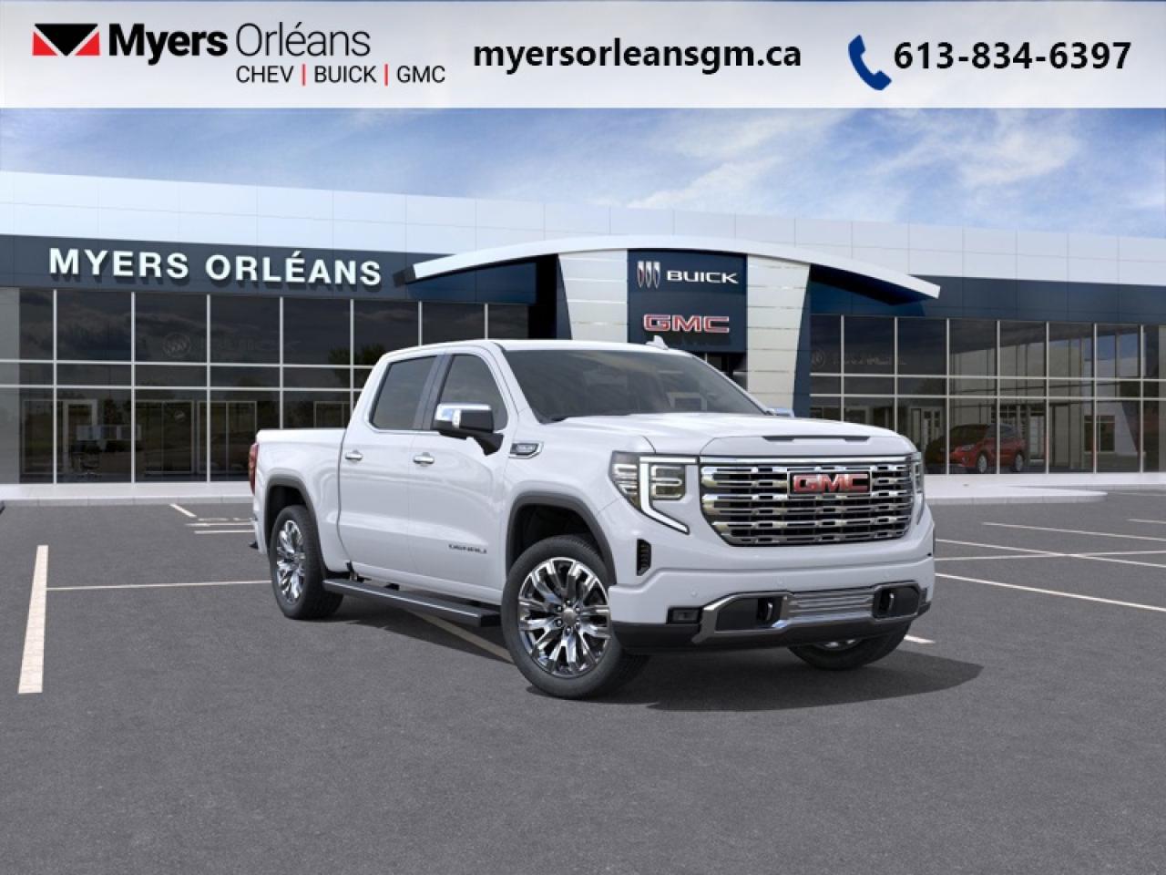 <b>Leather Seats, Spray-On Bedliner, Denali Preferred Equipment Group!</b><br> <br> <br> <br>For more than 80 years, the Myers Automotive Group has brought exceptional vehicles and world-class service to drivers in the Ottawa area. Myers Orleans Chevrolet Buick GMC is proud to serve Greater Ottawa, and to continue the tradition of excellence that the Myers name is known for. We are your trusted and professional choice since 1942!<br> <br>No matter where youre heading or what tasks need tackling, theres a premium and capable Sierra 1500 thats perfect for you. <br> <br>This 2026 GMC Sierra 1500 stands out in the midsize pickup truck segment, with bold proportions that create a commanding stance on and off road. Next level comfort and technology is paired with its outstanding performance and capability. Inside, the Sierra 1500 supports you through rough terrain with expertly designed seats and robust suspension. This amazing 2026 Sierra 1500 is ready for whatever.<br> <br>This Glacier White Tricoat Crew Cab 4X4 pickup has an Automatic transmission and is powered by a 355HP 5.3L 8 Cylinder Engine. <br> <br> Our Sierra 1500s trim level is Denali. This trim blends premium craftsmanship with cutting-edge technology and everyday capability. A 13.4 GMC Premium Infotainment System with Google built-in, wireless Apple CarPlay and Android Auto, Bose 7-speaker audio, and a 12.3 reconfigurable digital display keep the cabin highly connected, while heated and ventilated leather front seats, heated rear outboard seats, dual-zone climate control, and wireless charging enhance comfort on every drive. GMC Pro Safety with Enhanced Automatic Emergency Braking, HD Surround Vision, Lane Keep Assist, Trailer Side Blind Zone Alert, and Hitch Guidance delivers confidence, while the MultiPro Tailgate, integrated trailer brake controller, and spray-on bedliner ensure practical utility. This vehicle has been upgraded with the following features: Leather Seats, Spray-On Bedliner, Denali Preferred Equipment Group.<br><br> <br>To apply right now for financing use this link: <a href=https://www.myersorleansgm.ca/FinancePreQualForm target=_blank>https://www.myersorleansgm.ca/FinancePreQualForm</a><br><br> <br/> Total  rebate of $5000 is reflected in the price.   Incentives expire 2026-02-02.  See dealer for details. <br> <br>At Myers Orleans Chevrolet, youll find an impressive inventory of brand-new Chevrolet, Buick, and GMC vehicles. But we dont stop there! We also offer an amazing array of gently-used cars, trucks, and SUVs from Chevrolet, as well as a selection of alternate-brand used vehicles from some of Canadas favourite auto makers. When you choose to shop with Myers, youre not limited to what you can find on our well-appointed lot. Youve got the resources of an entire automotive group at your fingertips! Our friendly, no-pressure sales team will go through your list of must-haves, and will match you with the vehicle from Myers that checks off all the right boxes.<br> Come by and check out our fleet of 20+ used cars and trucks and 240+ new cars and trucks for sale in Orleans.  o~o