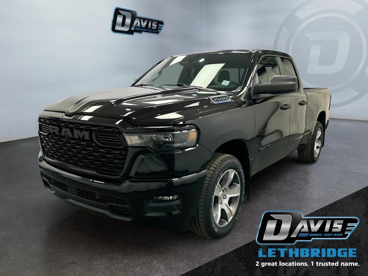 <b>Adaptive Cruise Control, Remote Start, Blind Spot Detection, Lane Keep Assist, Lane Departure Warning!<br /> <br /></b><br /> <br /> <br />2026 Ram 1500 Express Quad Cab 4x4  The 2026 Ram 1500 Express delivers rugged capability with modern technology. Powered by a 3.6L V6 eTorque engine paired with an 8-speed automatic transmission and 4x4 drivetrain, it offers reliable performance for work and adventure. With a Class IV receiver hitch, trailer sway damping, and electronic park brake, this truck is ready for towing and hauling. The Diamond Black Crystal exterior, black accents, and polished 20-inch aluminum wheels give the Express a bold, commanding presence.<br /><br />Inside, the cabin combines comfort and functionality with 40/20/40 split bench seating, Uconnect 5 with 8.4-inch touchscreen, Apple CarPlay, Android Auto, Bluetooth, SiriusXM, and 4G LTE Wi-Fi hotspot. Safety is enhanced with adaptive cruise control with stop/go, pedestrian emergency braking, blind spot monitoring, rear cross path detection, and ParkView rear backup camera. Additional features include LED low/high beam headlamps, LED bed lighting, capless fuel fill, and tie-down loops, making it a practical truck for work and everyday life.<br /><br />The 2026 Ram 1500 Express is the ideal combination of power, technology, and style, ready to handle jobs, weekend adventures, and everything in between.<br /> <br />To apply right now for financing use this link: <a href=https://lethbridge.davisdodge.ca/free-credit-check/ target=_blank rel=nofollow noopener noreferrer>https://lethbridge.davisdodge.ca/free-credit-check/</a><br /><br /> <br /><br />As a premier Chrysler, Dodge, Jeep and RAM dealership, Davis Dodge proudly offers an extensive selection of new and used vehicles to meet every drivers needs. Customers across Lethbridge, Fort Macleod, Taber, Claresholm, Coaldale, and beyond trust us for daily vehicle specials, certified service and parts, and a seamless online inventory experience. <br /><br /> With competitive financing options and expert support, we make car buying easy and enjoyable. <br /><br /> Ready to hit the road? Schedule your test drive today at Davis Dodge, your trusted Chrysler, Dodge, Jeep and RAM dealer in Lethbridge, Alberta.<br /><br /> Vehicle pricing offer shown expires 2026-04-30. <br /> Come by and check out our fleet of 70+ used cars and trucks and 110+ new cars and trucks for sale in Lethbridge. o~o