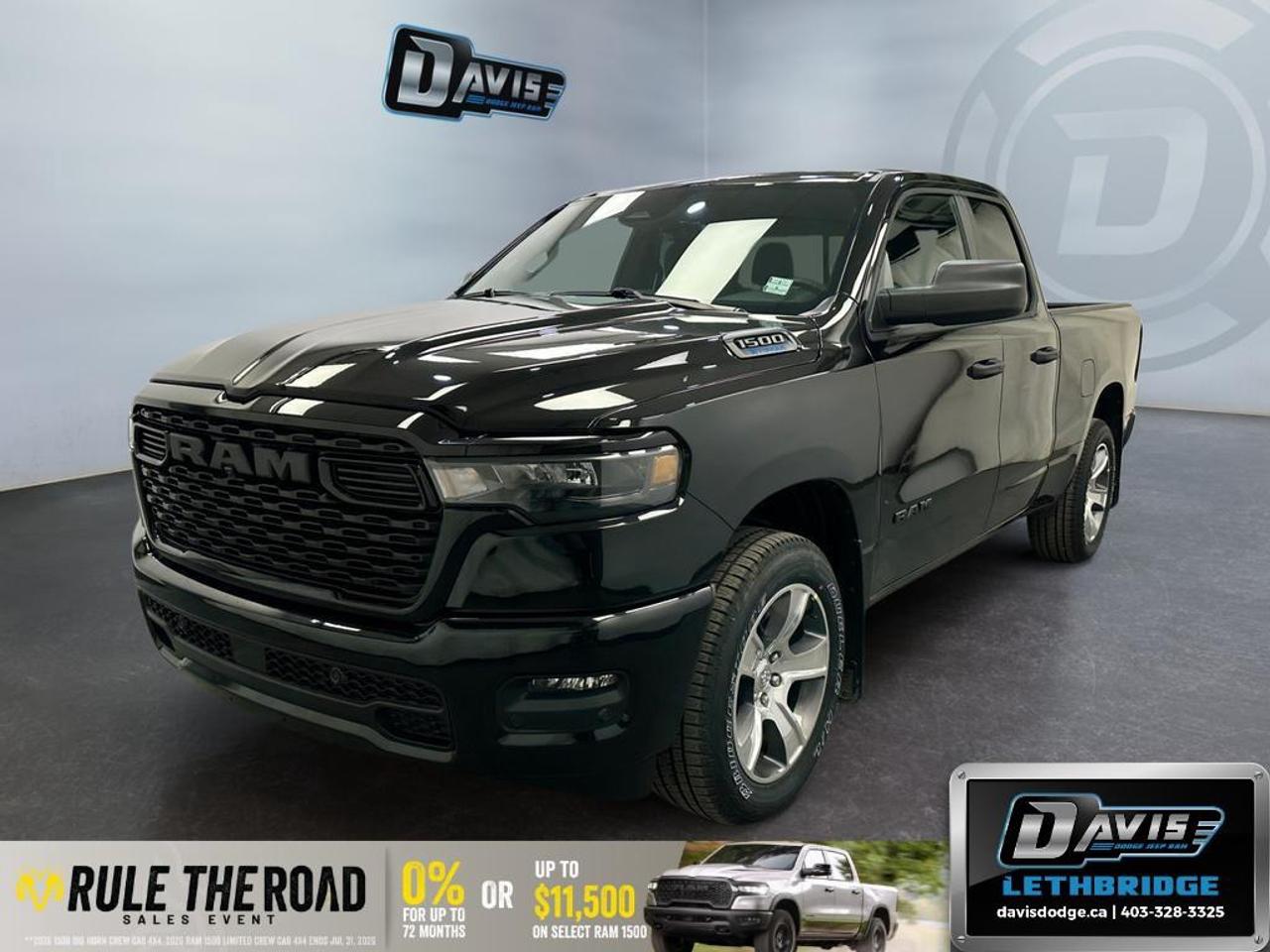 <p><strong>2026 Ram 1500 Express 4x4 Quad Cab 6'4" Box - Black</strong></p> <p>Introducing the newest addition to your lifestyle: the 2026 Ram 1500 Express, designed in stunning black with a capable 4x4 drivetrain. Whether you're navigating city streets or venturing off the beaten path, this truck offers the stability and durability you need.</p> <p><strong>Interior Features:</strong></p> <ul><li>Luxurious black interior with leather accents</li><li>Front centre seat cushion storage</li><li>Rear 60/40 folding seat for versatile cargo management</li><li>Convenient front seatback map pockets</li><li>Modern air conditioning to keep you comfortable in any weather</li></ul> <p><strong>Exterior Features:</strong></p> <ul><li>Stylish black and body-colour exterior with diamond black crystal pearl finish</li><li>6ft cargo box with rear wheelhouse liners for extra durability</li><li>Front LED fog lamps and body-colour bumpers for a sleek look</li><li>Alloy wheels and adaptive cruise control for enhanced driving enjoyment</li></ul> <p><strong>Technology & Safety Features:</strong></p> <ul><li>Advanced 3.6L Pentastar VVT V6 engine with eTorque and 8-speed automatic transmission</li><li>SIRIUSXM Satellite Radio for entertainment on the road</li><li>Safety features including heated mirrors, brake assist, and lane assist</li><li>Connectivity options include a Bluetooth connection, smart device integration, and a Wi-Fi hotspot</li><li>Backup camera and parking sensors for easier navigation</li></ul> <p>Perfectly suited for those who crave adventure with comfort, or need a reliable partner for work and play, the Ram 1500 Express is ready for anything. Contact Davis Dodge Lethbridge today to learn more and schedule a test drive!</p>