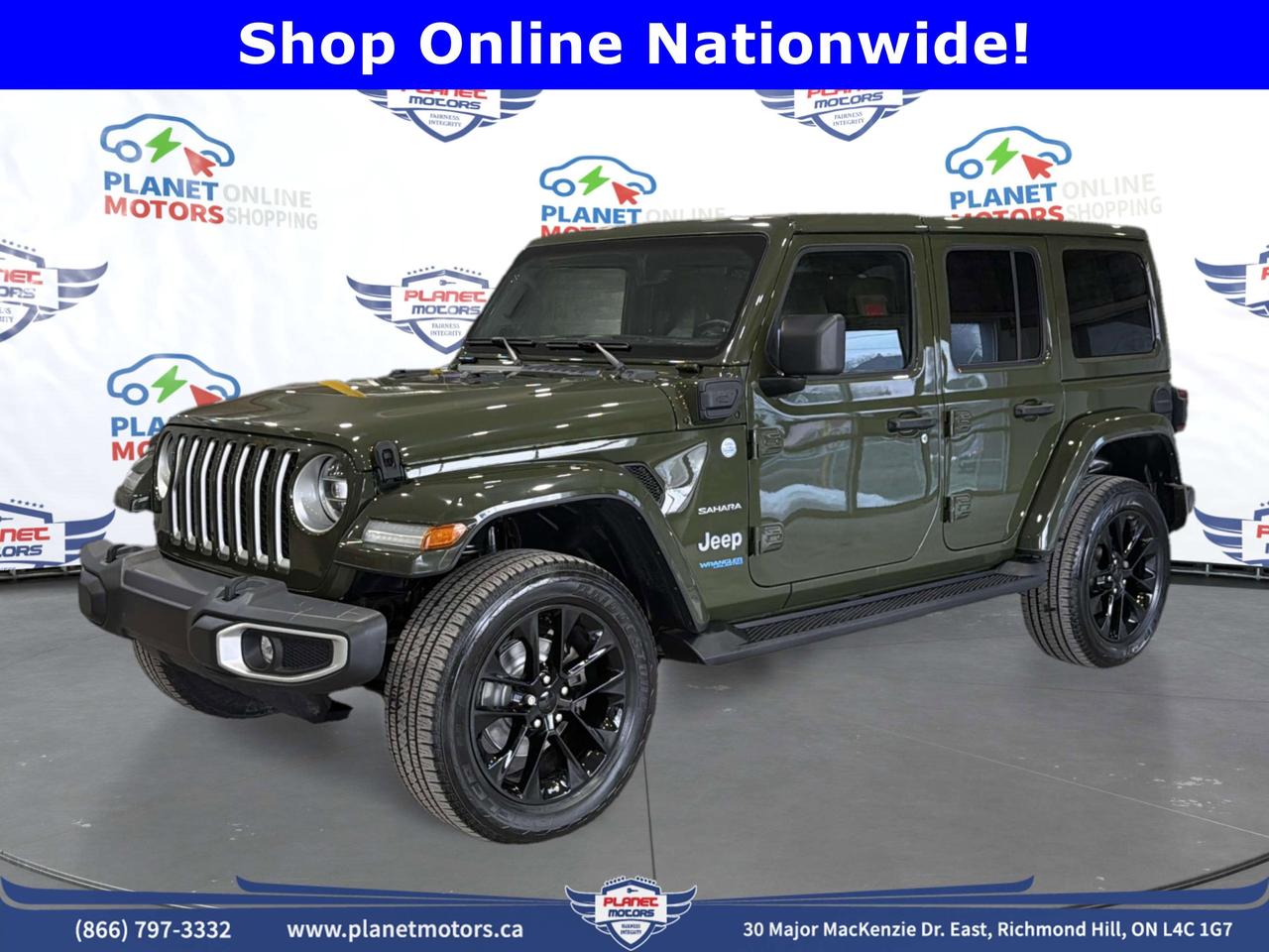 Front exterior view of Sarge Green 2021 Jeep Wrangler 4xe Unlimited Sahara for sale in Richmond Hill, ON