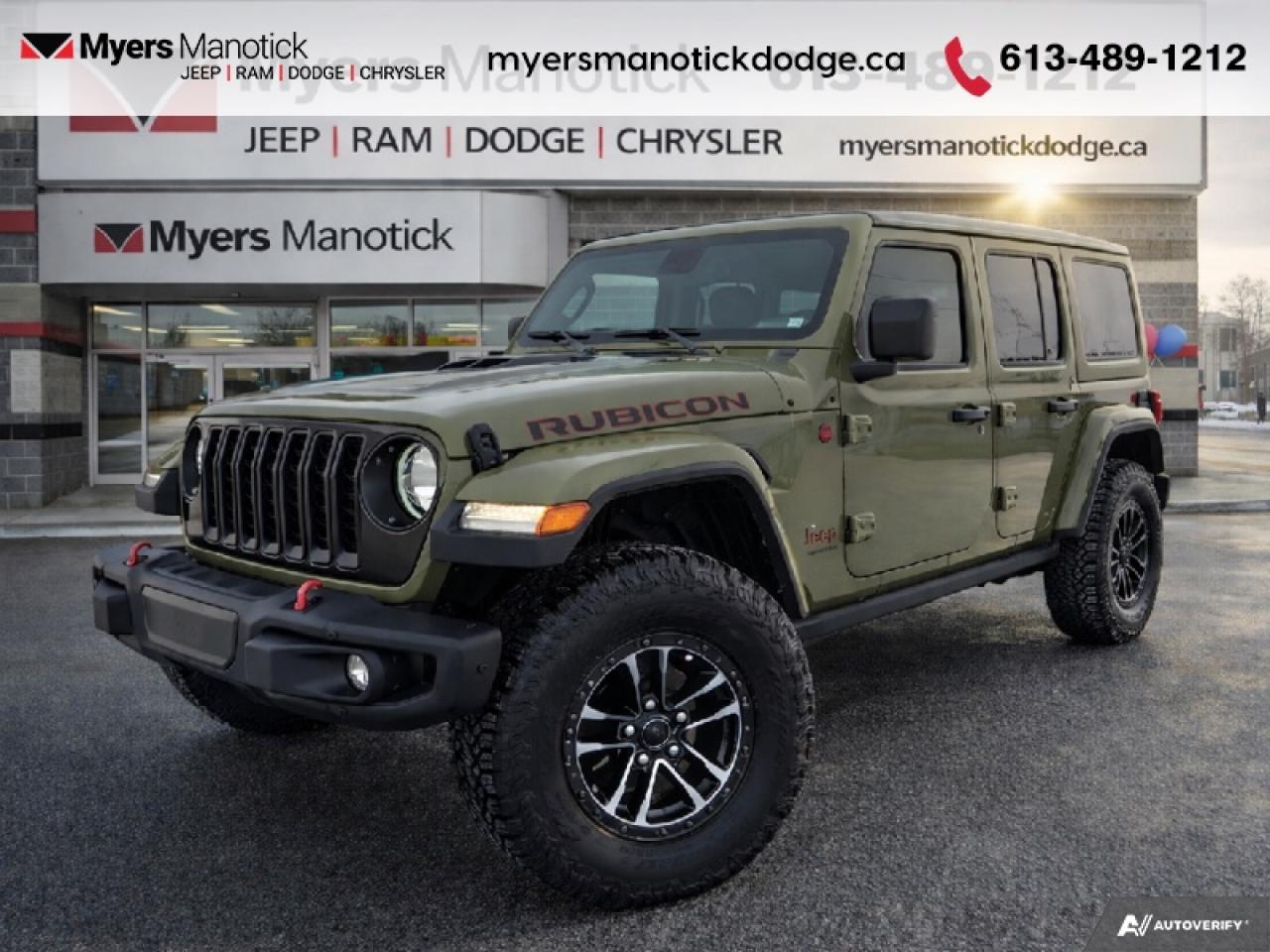 <b>Leather Seats, Sky One-Touch Power Top!</b><br> <br> <br> <br>Call 613-489-1212 to speak to our friendly sales staff today, or come by the dealership!<br> <br>Enhanced safety features and connectivity options keep you secure and in touch wherever your path leads. <br> <br>The 2026 Jeep Wrangler blends iconic design with modern innovation to deliver an unmatched driving experience on and off the road. Its durable build, open-air freedom, and advanced off-road systems make it the go-to SUV for those who live for adventure. With refined comfort, cutting-edge technology, and Jeeps legendary capability, the Wrangler remains the benchmark for authentic, all-terrain performance.<br> <br>This '41 SUV has an Automatic transmission and is powered by a 285HP 3.6L V6 Cylinder Engine. <br> <br> Our Wranglers trim level is Rubicon X. Stepping up to this Wrangler Rubicon X rewards you with incredible off-roading capability, thanks to heavy duty suspension, front active and rear anti-roll bars, upfitter switches, locking front and rear differentials, and skid plates for undercarriage protection. Interior features include voice-activated dual zone climate control, front and rear cupholders, and a 12.3-inch infotainment system with navigation, smartphone integration and mobile internet hotspot access. Additional features include a power convertible top with fixed rollover protection, cruise control, a leatherette-wrapped steering wheel, proximity keyless entry, and even more. This vehicle has been upgraded with the following features: Leather Seats, Sky One-Touch Power Top.<br><br> View the original window sticker for this vehicle with this url <b><a href=http://www.chrysler.com/hostd/windowsticker/getWindowStickerPdf.do?vin=1C4RJXFG0TW216594 target=_blank>http://www.chrysler.com/hostd/windowsticker/getWindowStickerPdf.do?vin=1C4RJXFG0TW216594</a></b>.<br> <br>To apply right now for financing use this link: <a href=https://CreditOnline.dealertrack.ca/Web/Default.aspx?Token=3206df1a-492e-4453-9f18-918b5245c510&Lang=en target=_blank>https://CreditOnline.dealertrack.ca/Web/Default.aspx?Token=3206df1a-492e-4453-9f18-918b5245c510&Lang=en</a><br><br> <br/> Total  rebate of $5000 is reflected in the price.  <br> Buy this vehicle now for the lowest weekly payment of <b>$266.90</b> with $0 down for 96 months @ 4.99% APR O.A.C. ( Plus applicable taxes -  $1199  fees included in price **Rebates may not be applicable on all purchase types [cash, lease, or finance]. Eligibility and conditions may vary. Please see dealer for full details and confirmation of eligibility.    ).  Incentives expire 2026-02-02.  See dealer for details. <br> <br>If youre looking for a Dodge, Ram, Jeep, and Chrysler dealership in Ottawa that always goes above and beyond for you, visit Myers Manotick Dodge today! Were more than just great cars. We provide the kind of world-class Dodge service experience near Kanata that will make you a Myers customer for life. And with fabulous perks like extended service hours, our 30-day tire price guarantee, the Myers No Charge Engine/Transmission for Life program, and complimentary shuttle service, its no wonder were a top choice for drivers everywhere. Get more with Myers!<br> Come by and check out our fleet of 30+ used cars and trucks and 60+ new cars and trucks for sale in Manotick.  o~o