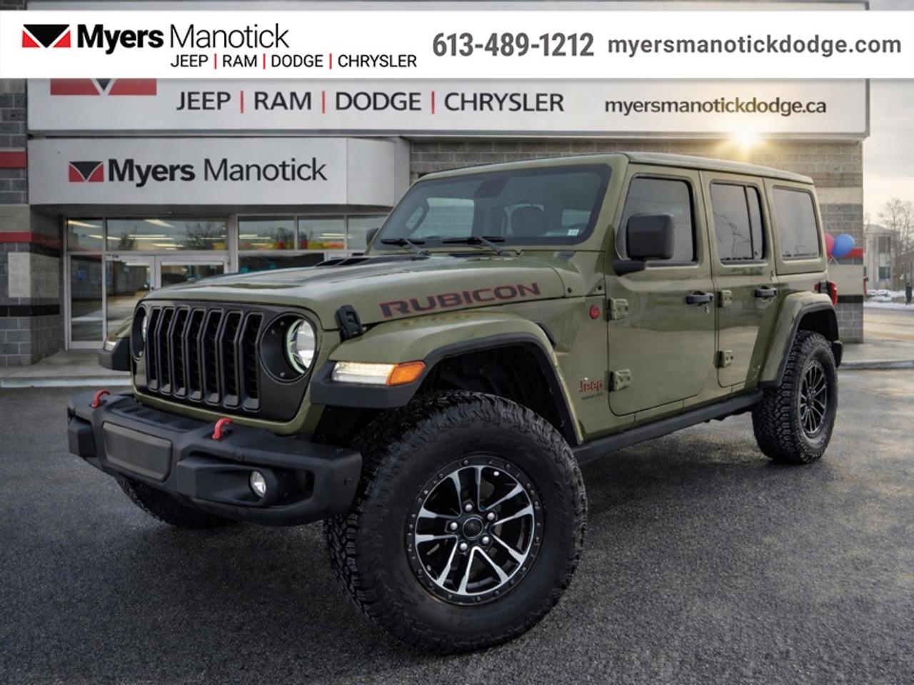<b>Leather Seats, Sky One-Touch Power Top!</b><br> <br> <br> <br>Call 613-489-1212 to speak to our friendly sales staff today, or come by the dealership!<br> <br>With unmistakable style and unmatched versatility, the 2026 Jeep Wrangler stands ready for every adventure you dare to take. <br> <br>The 2026 Jeep Wrangler blends iconic design with modern innovation to deliver an unmatched driving experience on and off the road. Its durable build, open-air freedom, and advanced off-road systems make it the go-to SUV for those who live for adventure. With refined comfort, cutting-edge technology, and Jeeps legendary capability, the Wrangler remains the benchmark for authentic, all-terrain performance.<br> <br>This '41 SUV has an Automatic transmission and is powered by a 285HP 3.6L V6 Cylinder Engine. <br> <br> Our Wranglers trim level is Rubicon X. Stepping up to this Wrangler Rubicon X rewards you with incredible off-roading capability, thanks to heavy duty suspension, front active and rear anti-roll bars, upfitter switches, locking front and rear differentials, and skid plates for undercarriage protection. Interior features include voice-activated dual zone climate control, front and rear cupholders, and a 12.3-inch infotainment system with navigation, smartphone integration and mobile internet hotspot access. Additional features include a power convertible top with fixed rollover protection, cruise control, a leatherette-wrapped steering wheel, proximity keyless entry, and even more. This vehicle has been upgraded with the following features: Leather Seats, Sky One-Touch Power Top.<br><br> View the original window sticker for this vehicle with this url <b><a href=http://www.chrysler.com/hostd/windowsticker/getWindowStickerPdf.do?vin=1C4RJXFG0TW216594 target=_blank>http://www.chrysler.com/hostd/windowsticker/getWindowStickerPdf.do?vin=1C4RJXFG0TW216594</a></b>.<br> <br>To apply right now for financing use this link: <a href=https://CreditOnline.dealertrack.ca/Web/Default.aspx?Token=3206df1a-492e-4453-9f18-918b5245c510&Lang=en target=_blank>https://CreditOnline.dealertrack.ca/Web/Default.aspx?Token=3206df1a-492e-4453-9f18-918b5245c510&Lang=en</a><br><br> <br/>   <br> Buy this vehicle now for the lowest weekly payment of <b>$267.61</b> with $0 down for 96 months @ 3.49% APR O.A.C. ( Plus applicable taxes -  $1199  fees included in price **Rebates may not be applicable on all purchase types [cash, lease, or finance]. Eligibility and conditions may vary. Please see dealer for full details and confirmation of eligibility.    ).  Incentives expire 2026-06-01.  See dealer for details. <br> <br>If youre looking for a Dodge, Ram, Jeep, and Chrysler dealership in Ottawa that always goes above and beyond for you, visit Myers Manotick Dodge today! Were more than just great cars. We provide the kind of world-class Dodge service experience near Kanata that will make you a Myers customer for life. And with fabulous perks like extended service hours, our 30-day tire price guarantee, the Myers No Charge Engine/Transmission for Life program, and complimentary shuttle service, its no wonder were a top choice for drivers everywhere. Get more with Myers!<br> Come by and check out our fleet of 30+ used cars and trucks and 40+ new cars and trucks for sale in Manotick.  o~o