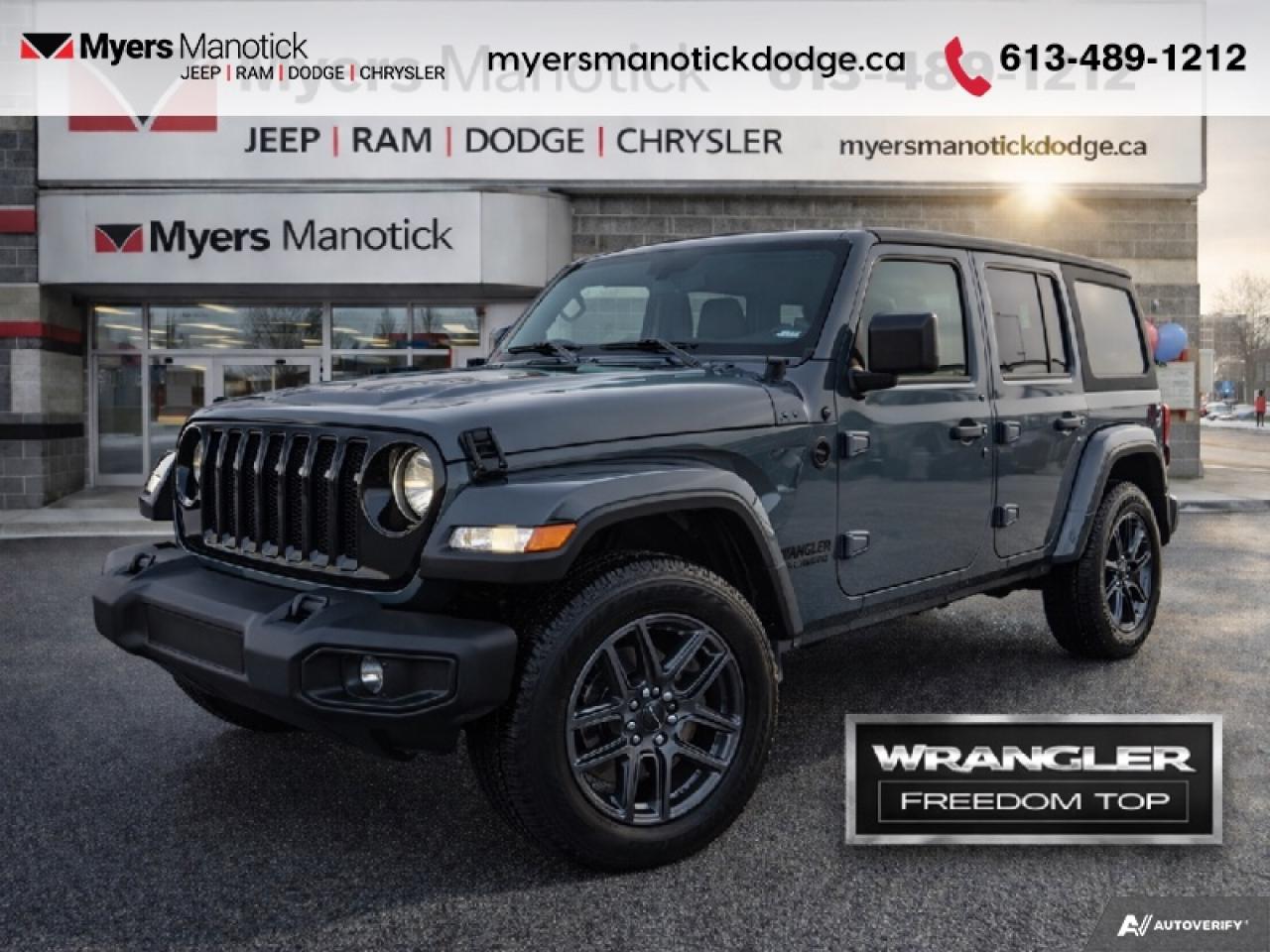 <b>Safety Group!</b><br> <br> <br> <br>Call 613-489-1212 to speak to our friendly sales staff today, or come by the dealership!<br> <br>With powerful engine options and advanced 4x4 systems, its built to conquer rough terrain and city streets with equal confidence. <br> <br>The 2026 Jeep Wrangler blends iconic design with modern innovation to deliver an unmatched driving experience on and off the road. Its durable build, open-air freedom, and advanced off-road systems make it the go-to SUV for those who live for adventure. With refined comfort, cutting-edge technology, and Jeeps legendary capability, the Wrangler remains the benchmark for authentic, all-terrain performance.<br> <br>This Anvil Clear Coat SUV has an Automatic transmission and is powered by a 285HP 3.6L V6 Cylinder Engine. <br> <br> Our Wranglers trim level is Sport S. This off-road icon in the Sport S trim comes standard with aluminum wheels, front and rear tow hooks, front fog lamps, and a manual convertible top with fixed rollover protection. Also standard include front and rear illuminated cupholders, air conditioning, an 8-speaker audio system, and a 12.3-inch infotainment screen powered by Uconnect 5W, with smartphone integration and mobile hotspot internet access. Additional features include cruise control, a rearview camera, and even more. This vehicle has been upgraded with the following features: Safety Group.<br><br> View the original window sticker for this vehicle with this url <b><a href=http://www.chrysler.com/hostd/windowsticker/getWindowStickerPdf.do?vin=1C4PJXDG4TW215877 target=_blank>http://www.chrysler.com/hostd/windowsticker/getWindowStickerPdf.do?vin=1C4PJXDG4TW215877</a></b>.<br> <br>To apply right now for financing use this link: <a href=https://CreditOnline.dealertrack.ca/Web/Default.aspx?Token=3206df1a-492e-4453-9f18-918b5245c510&Lang=en target=_blank>https://CreditOnline.dealertrack.ca/Web/Default.aspx?Token=3206df1a-492e-4453-9f18-918b5245c510&Lang=en</a><br><br> <br/> Total  rebate of $5000 is reflected in the price.  <br> Buy this vehicle now for the lowest weekly payment of <b>$189.98</b> with $0 down for 96 months @ 4.99% APR O.A.C. ( Plus applicable taxes -  $1199  fees included in price **Rebates may not be applicable on all purchase types [cash, lease, or finance]. Eligibility and conditions may vary. Please see dealer for full details and confirmation of eligibility.    ).  Incentives expire 2026-02-02.  See dealer for details. <br> <br>If youre looking for a Dodge, Ram, Jeep, and Chrysler dealership in Ottawa that always goes above and beyond for you, visit Myers Manotick Dodge today! Were more than just great cars. We provide the kind of world-class Dodge service experience near Kanata that will make you a Myers customer for life. And with fabulous perks like extended service hours, our 30-day tire price guarantee, the Myers No Charge Engine/Transmission for Life program, and complimentary shuttle service, its no wonder were a top choice for drivers everywhere. Get more with Myers!<br> Come by and check out our fleet of 30+ used cars and trucks and 60+ new cars and trucks for sale in Manotick.  o~o