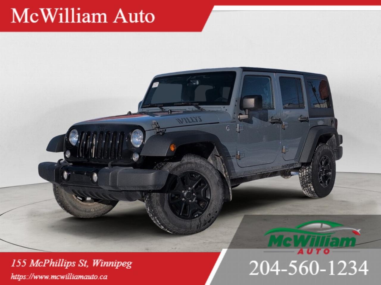 <br>This 2015 Jeep Wrangler Unlimited is a real gem! With its rugged 4X4 capabilities, manual transmission, and sleek grey exterior, this SUV is ready for your next adventure. Plus, the Willys trim and Alpine sound system add a touch of luxury to the mix. Dont miss out on this local trade - its a quick sell waiting to happen!