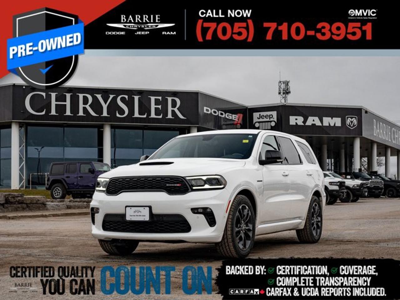 AWD, 4 & 7-Pin Wiring Harness, Blacktop Package, Class IV Hitch Receiver, Gloss Black Badges, Gloss Black Exterior Mirrors, Heavy-Duty Engine Cooling, Quick Order Package 22S R/T, Rear Load-Levelling Suspension, Satin Black Dodge Tail Lamp Badge, Trailer Brake Control, Trailer Tow Group IV, Wheels: 20 x 8 Black Noise Aluminum.This vehicle is certified. You can trust that each certified vehicle goes through a 150-point inspection by our factory-trained master technicians. Our requirements exceed the provincial regulations of safety standards.With every detail disclosed and every standard met, confidence comes standard.* Verified Vehicle History: CarFAX and UCDA reports included.* Certified & Serviced: Oil, filters, and wipers replaced before delivery.* Warranty You Can Trust: Up to 8 years or 200,000 KM of coverage.* Finance Made Simple: Competitive rates for all credit profiles.* Easy Exchange Program: Return within 7 days or 500 KM.Thank you for choosing Barrie Chrysler Dodge Jeep Ram, where the easy car-buying experience is all about you! Visit our expansive 50-car indoor showroom and view the hundreds of vehicles available, both on-site and off-site. We are located right in the heart of Barrie, on Dunlop St W, just off of Highway 400. - 395 Dunlop St W, Barrie, ON.We pay cash for cars, even if you dont buy one from us!White Knuckle Clearcoat 2022 Dodge Durango R/T 4D Sport Utility HEMI 5.7L V8 VVT 8-Speed Automatic AWDWe utilize real-time third-party software to price our vehicles, ensuring they align with the daily average market price. For that reason, our vehicles are priced competitively.We have over 100 pre-owned vehicles available onsite, with extra off-site inventory available at all times. Prices are plus HST and licensing fee.