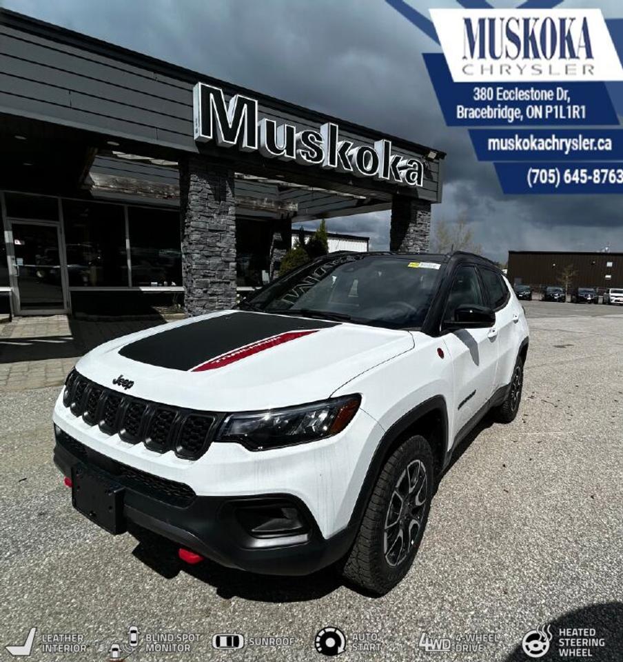 This JEEP COMPASS TRAILHAWK, with a 2.0L I-4 intercooled turbo engine engine, features a 8-speed automatic transmission, and generates 7.5 highway/10 city L/100km. Find this vehicle with only 28 kilometers!  JEEP COMPASS TRAILHAWK Options: This JEEP COMPASS TRAILHAWK offers a multitude of options. Technology options include: 2 LCD Monitors In The Front, HD Radio, Hands-Free Liftgate, MP3 Capability, Satellite Radio.  Safety options include Rain Detecting Variable Intermittent Wipers w/Heated Wiper Park, Airbag Occupancy Sensor, Curtain 1st And 2nd Row Airbags, Driver Knee Airbag, Driver Monitoring-Alert.  Visit Us: Find this JEEP COMPASS TRAILHAWK at Muskoka Chrysler today. We are conveniently located at 380 Ecclestone Dr Bracebridge ON P1L1R1. Muskoka Chrysler has been serving our local community for over 40 years. We take pride in giving back to the community while providing the best customer service. We appreciate each and opportunity we have to serve you, not as a customer but as a friend