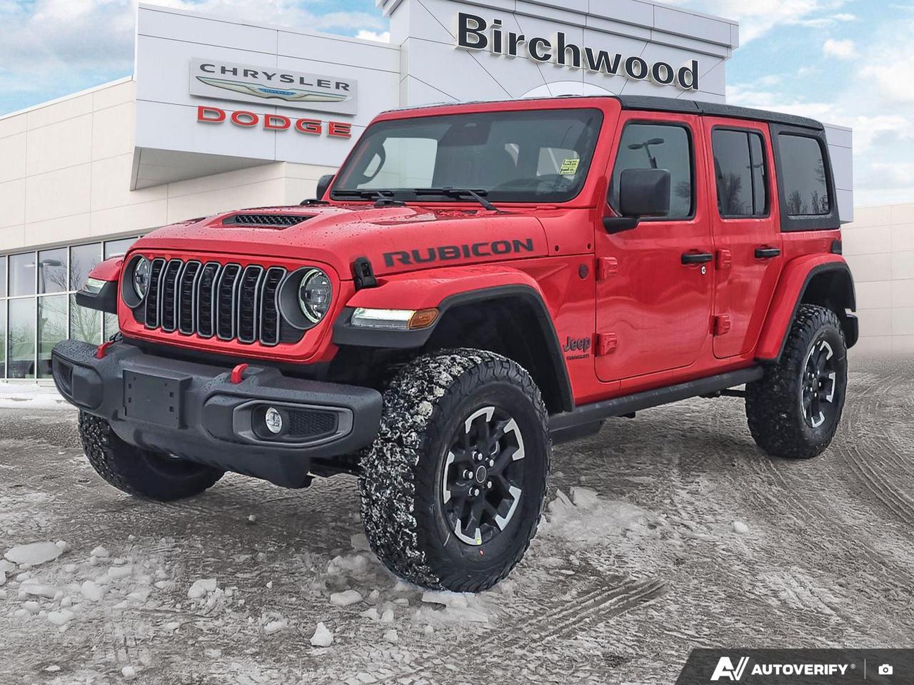 4:1 RockTrac heavyduty parttime 4WD system
Dana M210 wide heavyduty tube front axle
Dana M220 wide full floating rear axle
ELocker rear axle
ELocker front axle
Electronic front disconnect sway bar
Electronic Stability Control
Hill Start Assist
4 and 7 pin wiring harness
Offroad plus mode
Supplemental front seatmounted side air bags
Supplemental side air bags
Advanced multistage front air bags
Automatic headlamps
Enhanced Adaptive Cruise Control
FullSpeed Forward Collision Warning Plus
Experience the ultimate off-road adventure with the 2026 Jeep Wrangler Rubicon! This brand-new SUV is ready to tackle any terrain with its powerful 3.6L Pentastar V6 engine and advanced 4WD system.

Key Features:
- Part-Time Four-Wheel Drive with selectable front and rear locking differentials
- 6-Speed Manual Transmission (late availability)
- Uconnect 5W with massive 12.3 display
- Enhanced Adaptive Cruise Control
- 4G LTE Wi-Fi Hot Spot for on-the-go connectivity
- Firecracker Red exterior with Black interior
- LT285/70R17C BSW On-/Off-Road Tires
- Class II Hitch Receiver for towing capabilities

Dont miss your chance to own this exceptional Jeep Wrangler Rubicon. Reserve yours today or contact Birchwood Chrysler Dodge Jeep Ram to schedule a test drive and experience the thrill of off-road freedom firsthand!
Birchwood Chrysler Dodge is your choice for New Chrysler, Dodge, Jeep, RAM vehicles in Winnipeg. 
 
With us, Experience is Everything. Complete as much or as little of your purchase online as you like. All pricing you see is what you pay. No hidden fees. All new vehicle special offers and discounts are already calculated in the pricing. On our website you can choose payment options and terms knowing these are transparent and accurate.

Start your purchase online to build your exact pricing to your specifics like how much money down, vehicle trade and any accessories or added optional protection that suits your needs.

Any questions let us know by calling (204) 774-4444, wed love to send you a video to clarify any questions about a vehicle!

Visit us in store at 90-3965 Portage Ave in the Birchwood Autopark.

Dealer permit #5686
Dealer permit #5686