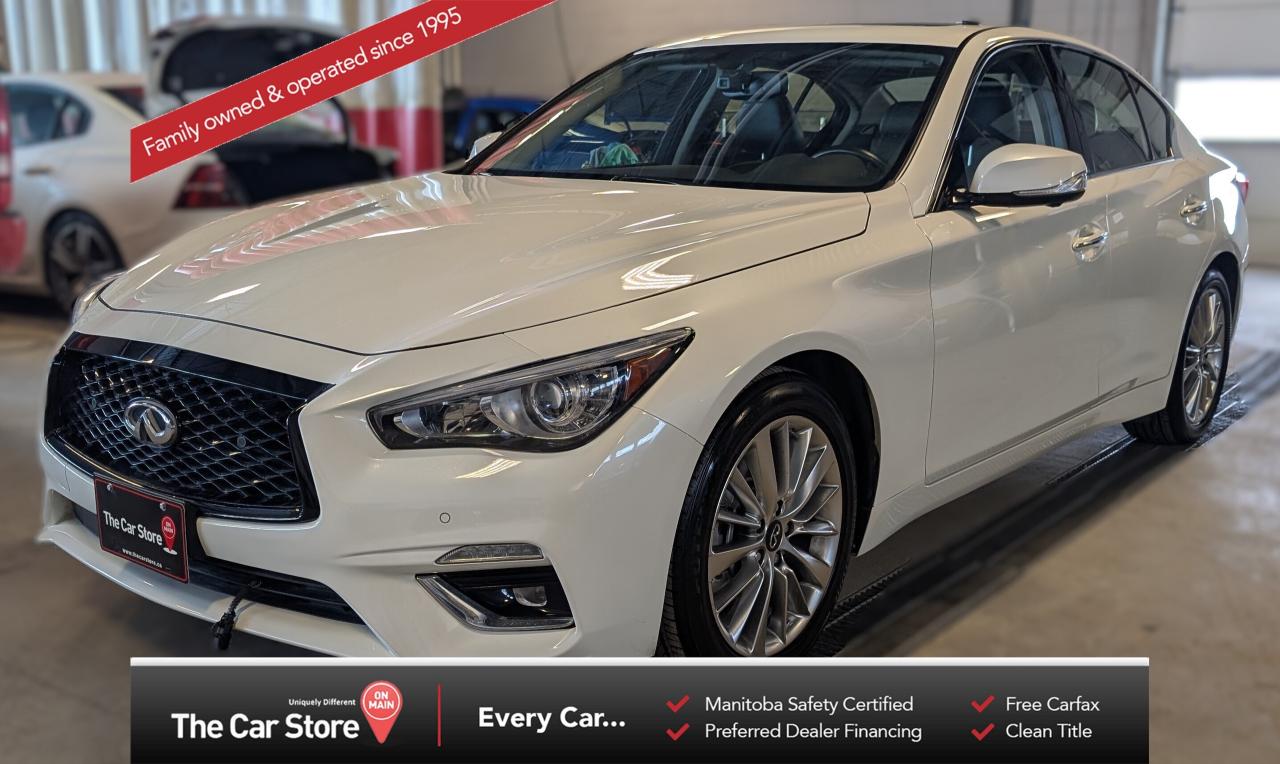 2021 Infiniti Q50 3.0T Essential Tech &ndash; Local Car | Fantastic Service Records 
 Key Features: 
 3.0L Twin-Turbo V6 (300 hp) 
 Essential Tech Package (Navigation, Around View Monitor, Front & Rear Parking Sensors) 
 Leather-Appointed Interior with Heated Front Seats, Heated Steering Wheel, 
 Power Sunroof 
 Bose Premium Audio 
 Remote Start, Keyless Entry & Push-Button Start 
 Apple CarPlay, Android Auto, Bluetooth 
 Factory Warranty Remaining 
 Clean Title, Exceptional Service History, Local 
 
 
 Sporty, Refined, and Packed With Tech: 
 The Q50 3.0T delivers a perfect balance of power and luxury. The twin-turbo V6 makes every drive feel lively, while the Essential Tech Package adds the modern features&mdash;BOSE, 360&deg; camera system, and parking sensors&mdash;that elevate any commute. 
 
 
 Clean History, Proper Care: 
 With a clean title and fantastic service records, this Q50 has been consistently maintained and it shows. Smooth, responsive, and tight on the road, it feels exactly how an Infiniti should. 
 
 
 Our Take: 
 If you want real power, premium comfort, and top-tier tech without jumping to a full-size luxury sedan price, the Q50 3.0T is one of the best buys on the market. This example checks every box&mdash;clean, well-equipped, and beautifully maintained. 
 
 
 We are a local Family Owned business and we try to do things a little different. 
 
 At The Car Store on Main every vehicle is Manitoba Safety Certified. 
 Every vehicle sold is eligible for the Advantage Plan: 
 30 Day Warranty on all MB Safety certificate related items. 
 CarFax Vehicle History Report 
 2 sets of Keys 
 Wholesale access to all other Miscellaneous Accessories (i.e. Wtr Tires, Remote Starr, all misc vehicle accessories/parts, etc...) 
 And of course a Full tank of Gas. 
 
 There is no Gimmicks or games, we are always aggressive on our prices and try to separate ourselves from the rest. 
 We also have an on-site Certified Banker who shops to get the best possible interest rates in with all Major Banks and Credit Unions! 
 
 Come to our Brand New modern showroom and see what makes us Uniquely Different! 
 
 Located on Main St. just North of Chief Peguis Trail. 
 
 To schedule an appointment call us directly at 204-669-1248 or email sales@thecarstore.ca 
 
 The Car Store on Main 
 -Uniquely Different- 
 
 www.thecarstore.ca 
 Local: 204-669-1248 
 Toll Free: 877-634-2975 
 
 A local family owned business unlike typical car lots, there are no pressure tactics, no games, no gimmicks, no Sales Manager, General Manager or Used Car Manager, just straight answers and fair deals all the time! 
 
 *PRICE DOES NOT INCLUDE TAXES (G.S.T & P.S.T) 
 Dealer Permit # 4481
