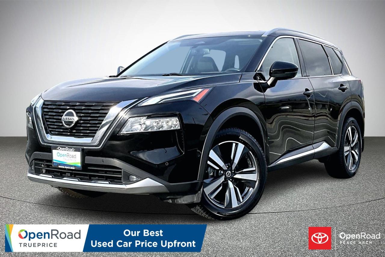 The 2021 Nissan Rogue Platinum represents the most refined version of Nissan&rsquo;s compact SUV, offering premium comfort and advanced technology. It includes quilted semi-aniline leather seating, heated front and rear seats, a heated steering wheel, and tri-zone automatic climate control. A 12.3-inch digital gauge cluster pairs with a 9-inch touchscreen featuring navigation, wireless Apple CarPlay, and wireless charging. ProPILOT Assist with Navi-Link enhances highway driving with adaptive cruise control and lane centering. Additional highlights include a head-up display, Bose premium audio, 19-inch alloy wheels, and a full suite of driver assistance features for enhanced safety, visibility, convenience, confidence, refinement, comfort.  Have confidence with your OpenRoad purchase! Every OpenRoad Certified Pre-Owned vehicle comes fully reconditioned and complete with a comprehensive 153 point mechanical inspection, a CarFax history & lien report, a 3-Day Money Back Guarantee, a 30-Day/2,000 kms Exchange Policy, a 90-Day/5,000 kms Powertrain Warranty, guaranteed clear title, and membership to our exclusive Club OpenRoad! As a proud member of the OpenRoad Auto Group, a trusted name since 2000 serving the Lower mainland (including White Rock, Surrey, Langley, Maple Ridge, Delta, Richmond, Mission and beyond) with outstanding Toyota vehicles, Toyota parts, and Toyota service since 1966! OpenRoad Toyota Peace Arch is a &ldquo;True Price&rdquo; dealer, meaning no inflated prices, and no need for back and forth haggling! We use up to the minute technology offering LIVE MARKET VALUE PRICING to ensure you are receiving the most competitive price possible on all of our Pre-Owned vehicles!  All advertised vehicle prices do not include our $599 documentation fee.