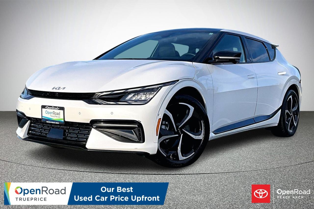 The 2023 Kia EV6 AWD GT-Line delivers a strong balance of performance, technology, and modern design. Dual electric motors provide confident all-wheel drive capability with quick acceleration and smooth, quiet power delivery. The GT-Line trim enhances its sporty character with exclusive exterior accents, 20-inch alloy wheels, and distinctive LED lighting. Inside, the cabin features premium materials, supportive sport seats, and a wide dual-screen digital display. Advanced technology includes an augmented-reality head-up display, surround-view monitoring, and remote parking assist. Comprehensive driver-assistance systems add confidence and safety to everyday driving.  Have confidence with your OpenRoad purchase! Every OpenRoad Certified Pre-Owned vehicle comes fully reconditioned and complete with a comprehensive 153 point mechanical inspection, a CarFax history & lien report, a 3-Day Money Back Guarantee, a 30-Day/2,000 kms Exchange Policy, a 90-Day/5,000 kms Powertrain Warranty, guaranteed clear title, and membership to our exclusive Club OpenRoad! As a proud member of the OpenRoad Auto Group, a trusted name since 2000 serving the Lower mainland (including White Rock, Surrey, Langley, Maple Ridge, Delta, Richmond, Mission and beyond) with outstanding Toyota vehicles, Toyota parts, and Toyota service since 1966! OpenRoad Toyota Peace Arch is a &ldquo;True Price&rdquo; dealer, meaning no inflated prices, and no need for back and forth haggling! We use up to the minute technology offering LIVE MARKET VALUE PRICING to ensure you are receiving the most competitive price possible on all of our Pre-Owned vehicles!  All advertised vehicle prices do not include our $599 documentation fee.