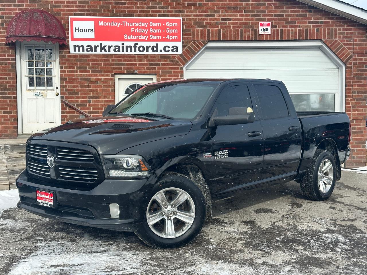 <p>Super-Clean and well-optioned local trade-in RAM 1500 from Bowmanville, ON! This RAM 4x4 Sport model looks sharp in its Black paint and factory alloy wheels! The exterior features keyless entry with remote start and proximity key, automatic headlights, foglights, black tow-style mirrors with integrated turn signals, tinted privacy glass, sporty dual rear exhaust, a trailer hitch, spray-in bedliner, gorgeous factory polished alloy wheels and <strong>NEW</strong> All-Season tires, a powerful 5.7L V8 Engine and Automatic transmission driving the 4x4 system! The interior is clean and comfortable with Heated and Cooled front Leather Seats with power adjustment and lumbar controls, spacious rear seating, all-weather floor mats, power door locks, windows and mirrors, a heated leather-wrapped steering wheel with Audio and Cruise controls, push-button start and electronic 4x4 selection buttons, an easy-to-read and use gauge cluster, a large central touch screen AM/FM/XM Satellite Radio with Premium <em>ALPINE</em> Audio, Navigation, Bluetooth, and Backup Camera, Dual-Zone A/C climate controls with font andrear window defrost settings, Tow/Haul mode, USB/AUX/12V accessory ports and more!</p><p>&nbsp;</p><p>Carfax Claims Free, well-maintained local Trade with Great looks and Options!</p><p>&nbsp;</p><p>Call (905) 623-2906</p><p>&nbsp;</p><p>Text Ryan: (905) 429-9680 or email: ryan@markrainford.ca</p><p>&nbsp;</p><p>Text Mark: (905) 431-0966 or email: mark@markrainford.ca</p>