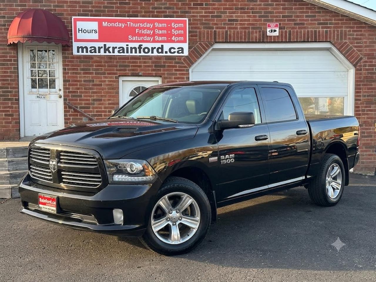<p>Super-Clean and well-optioned local trade-in RAM 1500 from Bowmanville, ON! This RAM 4x4 Sport model looks sharp in its Black paint and factory alloy wheels! The exterior features keyless entry with remote start and proximity key, automatic headlights, foglights, black tow-style mirrors with integrated turn signals, tinted privacy glass, sporty dual rear exhaust, a trailer hitch, spray-in bedliner, gorgeous factory polished alloy wheels and <strong>NEW</strong> All-Season tires, a powerful 5.7L V8 Engine and Automatic transmission driving the 4x4 system! The interior is clean and comfortable with Heated and Cooled front Leather Seats with power adjustment and lumbar controls, spacious rear seating, all-weather floor mats, power door locks, windows and mirrors, a heated leather-wrapped steering wheel with Audio and Cruise controls, push-button start and electronic 4x4 selection buttons, an easy-to-read and use gauge cluster, a large central touch screen AM/FM/XM Satellite Radio with Premium <em>ALPINE</em> Audio, Navigation, Bluetooth, and Backup Camera, Dual-Zone A/C climate controls with font andrear window defrost settings, Tow/Haul mode, USB/AUX/12V accessory ports and more!</p><p>&nbsp;</p><p>Carfax Claims Free, well-maintained local Trade with Great looks and Options!</p><p>&nbsp;</p><p>Call (905) 623-2906</p><p>&nbsp;</p><p>Text Ryan: (905) 429-9680 or email: ryan@markrainford.ca</p><p>&nbsp;</p><p>Text Mark: (905) 431-0966 or email: mark@markrainford.ca</p>