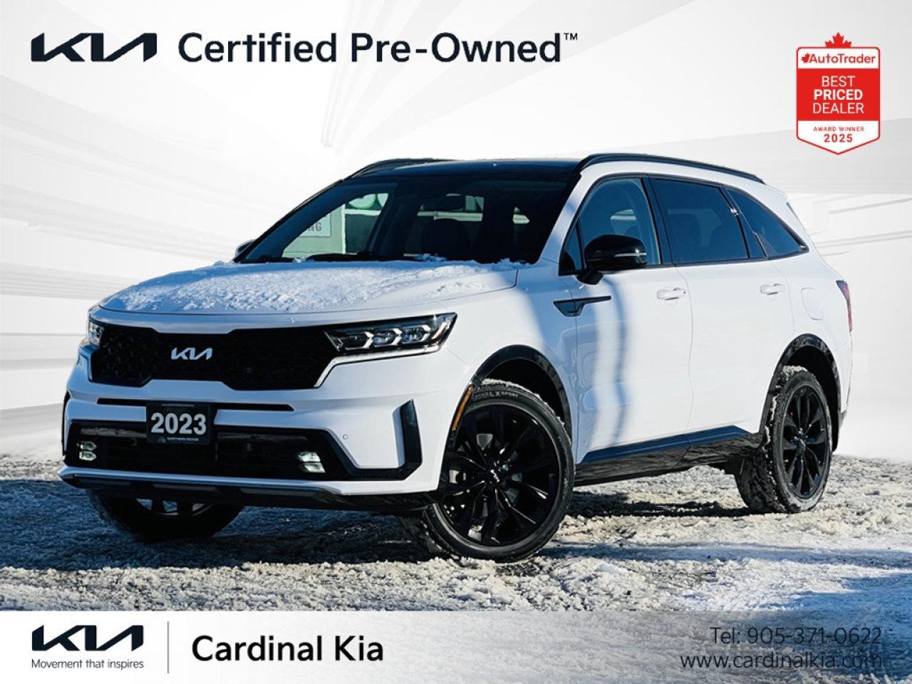 Recent Arrival! Odometer is 2805 kilometers below market average!



One Owner, 4x4, AWD. 4WD, AWD, 3rd row seats: split-bench, 4-Wheel Disc Brakes, 6 Speakers, ABS brakes, Active Cruise Control, Air Conditioning, Alloy wheels, AM/FM radio: SiriusXM, Apple CarPlay & Android Auto, Artificial Leather Seat Trim, Auto High-beam Headlights, Auto-dimming Rear-View mirror, Automatic temperature control, Brake assist, Bumpers: body-colour, Delay-off headlights, Driver door bin, Driver vanity mirror, Electronic Stability Control, Emergency communication system, Exterior Parking Camera Rear, Four wheel independent suspension, Front Bucket Seats, Front dual zone A/C, Front fog lights, Front reading lights, Fully automatic headlights, Garage door transmitter: HomeLink, Heated door mirrors, Heated Front Bucket Seats, Heated front seats, Heated rear seats, Heated steering wheel, Illuminated entry, Leather Shift Knob, Leather steering wheel, Low tire pressure warning, Navigation System, Outside temperature display, Panic alarm, Passenger door bin, Passenger vanity mirror, Power door mirrors, Power driver seat, Power Liftgate, Power moonroof, Power passenger seat, Power steering, Power windows, Radio data system, Radio: AM/FM/HD, Rear air conditioning, Rear window defroster, Rear window wiper, Remote keyless entry, Roof rack: rails only, Security system, Speed control, Speed-sensing steering, Split folding rear seat, Spoiler, Steering wheel mounted audio controls, Tachometer, Telescoping steering wheel, Tilt steering wheel, Traction control, Trip computer, Turn signal indicator mirrors, Variably intermittent wipers.



Glacial White Pearl 2023 Kia Sorento EX+ EX+ AWD   Remote Start, Sunroof AWD 8-Speed DCT 2.5L I4 DGI Turbocharged DOHC 16V LEV3-ULEV70 281hp





Family owned and operated more than 20 years, we provide the friendly and courteous service that you deserve. All of the Pre-Owned vehicles we offer for sale go through a , vigorous safety and mechanical inspection and are thoroughly cleaned and detailed so that they are in as close to as new condition as possible. Our DAILY Ontario wide Price Checks against similar inventory make sure we are offering you the best deal possible on any vehicle in our stock. Read our Online Reviews & Check us out on Facebook!***** See all of our New & Pre-Owned Inventory, at http://www.cardinalkia.com/.***** We have satisfied customers from all over Ontario; Niagara Falls, St. Catharines, Welland, Fonthill, Fort Erie, Grimsby, Port Colborne, Beamsville, Hamilton, Smithville, Wainfleet, Stoney Creek, Hamilton Mountain, Burlington, Oakville, Ancaster and Caledonia, Mississauga, South Brampton and Hagersville.***** With easy bank financing and these great values, you can drive home in one of these great Cardinal Kia pre-owned vehicles today.