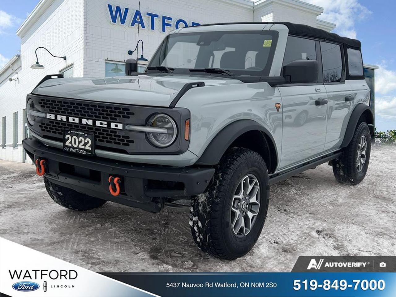 CARFAX Canada reports this Bronco has no accidents.  
Offered by Watford Ford in Watford, this used 2022 Ford Bronco Badlands 4 Door Advanced 4x4 is built for real Canadian seasons and real weekend plans. Finished in Grey with a Black interior, it gives you open-air freedom with its convertible design, plus the year-round confidence of four-wheel drive.

With 129,609 km, this Bronco Badlands 4 Door Advanced 4x4 is ready for the next owner who wants capability without giving up daily comfort. Power comes from a 2.3 L unleaded engine paired with an automatic transmission, and it includes a 7-speed manual transmission option for drivers who like more control on the trail.

You also get practical features that make every drive easier. Cruise control and power steering help on long highway stretches, while power windows, automatic door locks, and push button start keep daily errands simple. Heated mirrors, electric mirrors, and tinted windows add comfort and visibility in changing weather.

FEATURES OF THE Bronco Badlands 4 Door Advanced 4x4  
»» Convertible design for open-air driving  
»» Four-wheel drive for confident traction  
»» Limited slip differential for added grip  
»» Off-road tires for trail-ready capability  

ADVANCED SAFETY FEATURES  
»» Anti-lock braking system for controlled stops  
»» Stability control helps maintain steady handling  
»» Driver and passenger airbags included  
»» Side impact airbags for added protection  

PERFORMANCE AND EFFICIENCY  
»» 2.3 L unleaded engine power  
»» Automatic transmission for smooth commuting  
»» Four-wheel drive for tough conditions  
»» Limited slip differential improves traction  

COMFORT AND CONVENIENCE  
»» Front air conditioning for cabin comfort  
»» Cruise control for relaxed highway drives  
»» Adjustable steering wheel for better fit  
»» Power windows for quick ventilation  

TECHNONOLGY AND CONNECTIVITY  
»» Bluetooth integration for hands-free calling  
»» WiFi hotspot helps keep you connected  
»» Satellite radio for more listening choice  
»» Steering wheel audio controls included  

CARGO SPACE  
»» Rear trunk access for easy loading  
»» Spare tire carried for peace of mind  
»» Four-door layout aids passenger entry  
»» Cabin storage supports daily essentials  

WHAT OTHER OWNERS LIKE  
»» Confident feel from four-wheel drive  
»» Open-air fun with convertible setup  
»» Easy pairing through Bluetooth integration  
»» Helpful backup camera for parking  

This 2022 Ford Bronco Badlands 4 Door Advanced 4x4s VIN is: 1FMEE5DHXNLB89794.