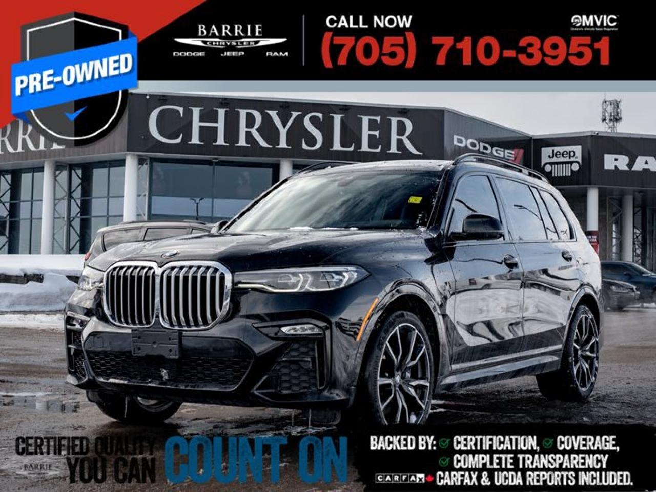 This vehicle is certified. You can trust that each certified vehicle goes through a 150-point inspection by our factory-trained master technicians. Our requirements exceed the provincial regulations of safety standards.With every detail disclosed and every standard met, confidence comes standard.* Verified Vehicle History: CarFAX and UCDA reports included.* Certified & Serviced: Oil, filters, and wipers replaced before delivery.* Warranty You Can Trust: Up to 8 years or 200,000 KM of coverage.* Finance Made Simple: Competitive rates for all credit profiles.* Easy Exchange Program: Return within 7 days or 500 KM.Thank you for choosing Barrie Chrysler Dodge Jeep Ram, where the easy car-buying experience is all about you! Visit our expansive 50-car indoor showroom and view the hundreds of vehicles available, both on-site and off-site. We are located right in the heart of Barrie, on Dunlop St W, just off of Highway 400. - 395 Dunlop St W, Barrie, ON.We pay cash for cars, even if you dont buy one from us!Black 2021 BMW X7 xDrive40i 4D Sport Utility 3.0L I6 DOHC 24V 8-Speed Automatic AWDWe utilize real-time third-party software to price our vehicles, ensuring they align with the daily average market price. For that reason, our vehicles are priced competitively.We have over 100 pre-owned vehicles available onsite, with extra off-site inventory available at all times. Prices are plus HST and licensing fee.Awards:* JD Power Canada Automotive Performance, Execution and Layout (APEAL) Study, Initial Quality Study (IQS) * JD Power Canada Initial Quality Study (IQS)