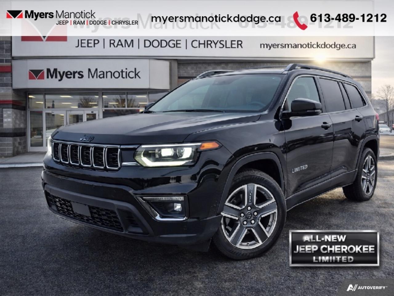 <b>Sunroof!</b><br> <br> <br> <br>Call 613-489-1212 to speak to our friendly sales staff today, or come by the dealership!<br> <br>With bold styling and everyday versatility, the 2026 Jeep Cherokee is built to take you farther in comfort and style. <br> <br>The 2026 Jeep Cherokee delivers the perfect mix of sophistication and strength, making it ideal for both adventure seekers and everyday drivers. Inside, youll find a well-appointed cabin packed with smart technology and comfortable finishes designed to elevate every drive. With dependable off-road capability, advanced safety systems, and a distinctive design, the Cherokee stands out as a versatile SUV ready for any road ahead.<br> <br>This Diamond Black Crystal Pearl SUV has an Automatic transmission. <br> <br> Our Cherokees trim level is Limited. Designed for everyday comfort, the cabin features heated front seats, a 10-way power drivers seat with lumbar support, dual-zone automatic climate control, and a heated leatherette steering wheel that adds a touch of refinement to every drive. The 12.3-inch Uconnect 5 touchscreen keeps you connected with wireless smartphone integration, remote start, and a 4G LTE Wi-Fi hotspot, ensuring convenience wherever the road leads. Safety is at the forefront with technologies like Active Driving Assist, Blind Spot Detection, Full-Speed Forward Collision Warning Plus, and ParkSense rear sensors providing enhanced awareness and confidence. This vehicle has been upgraded with the following features: Sunroof.<br><br> View the original window sticker for this vehicle with this url <b><a href=http://www.chrysler.com/hostd/windowsticker/getWindowStickerPdf.do?vin=3C4PJMB21TT161692 target=_blank>http://www.chrysler.com/hostd/windowsticker/getWindowStickerPdf.do?vin=3C4PJMB21TT161692</a></b>.<br> <br>To apply right now for financing use this link: <a href=https://CreditOnline.dealertrack.ca/Web/Default.aspx?Token=3206df1a-492e-4453-9f18-918b5245c510&Lang=en target=_blank>https://CreditOnline.dealertrack.ca/Web/Default.aspx?Token=3206df1a-492e-4453-9f18-918b5245c510&Lang=en</a><br><br> <br/>   <br> Buy this vehicle now for the lowest weekly payment of <b>$169.22</b> with $0 down for 96 months @ 4.99% APR O.A.C. ( Plus applicable taxes -  $1199  fees included in price **Rebates may not be applicable on all purchase types [cash, lease, or finance]. Eligibility and conditions may vary. Please see dealer for full details and confirmation of eligibility.    ).  Incentives expire 2026-02-02.  See dealer for details. <br> <br>If youre looking for a Dodge, Ram, Jeep, and Chrysler dealership in Ottawa that always goes above and beyond for you, visit Myers Manotick Dodge today! Were more than just great cars. We provide the kind of world-class Dodge service experience near Kanata that will make you a Myers customer for life. And with fabulous perks like extended service hours, our 30-day tire price guarantee, the Myers No Charge Engine/Transmission for Life program, and complimentary shuttle service, its no wonder were a top choice for drivers everywhere. Get more with Myers!<br> Come by and check out our fleet of 30+ used cars and trucks and 60+ new cars and trucks for sale in Manotick.  o~o