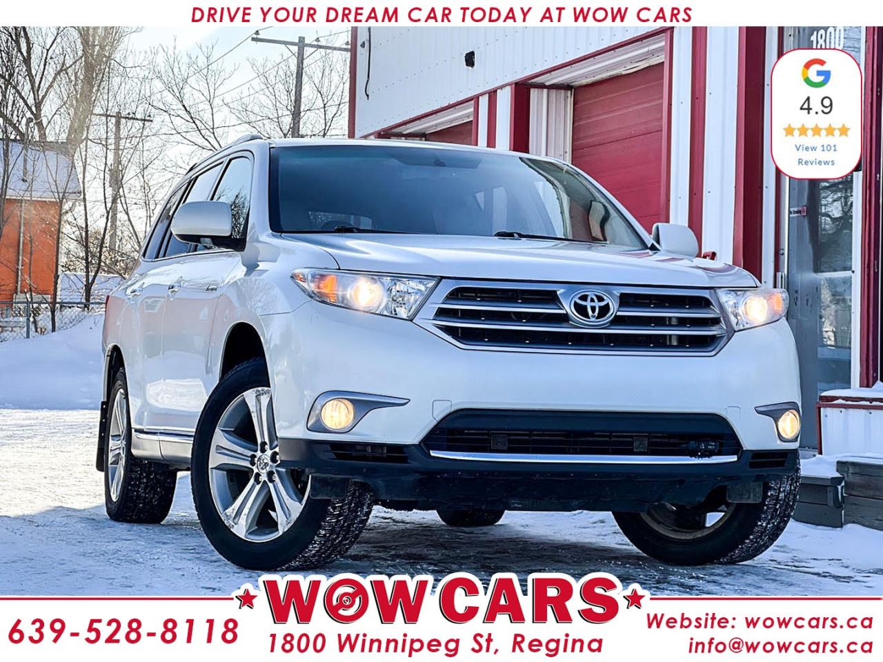 2012 Toyota Highlander Limited AWDOdometer: 200,038km <br/> Price: $16,990+taxes <br/> <br/> <br/> WOW Factors:--Certified and mechanical inspection <br/> -Fully Loaded (Limited Edition) <br/> -No Accidents <br/> -One Owner <br/> <br/> <br/> Highlight features:--Navigation System <br/> -Sunroof <br/> -All-Wheel Drive <br/> -Alloy Wheels <br/> -Backup-Camera <br/> -Leather Power Seats <br/> -Front Heated Seats <br/> -Third Row Seating <br/> -Key-less Entry <br/> -Push Button Start <br/> -Power Lift Gate <br/> -Roof Rails <br/> -Cruise Control and much more. <br/> <br/> <br/> Financing Available Driven by Trust, Powered by Family  Your Destination for Quality Pre-Owned Vehicles <br/> At our family-owned dealership, customer satisfaction isnt just a goal  its our promise. We specialize in pre-owned Cars, SUVs, Vans, and Trucks, offering standout value with the WOW factors that set us apart. From exceptional Google reviews to unmatched after-sales service, we go above and beyond to make your experience seamless, transparent, and friendly. <br/> <br/> <br/> Visit WOW CARS Today at 1800 Winnipeg Street Regina, SK S4P1G2, or give us a call at (639) 528-8II8. <br/>