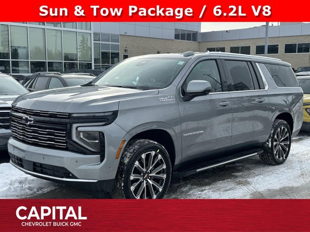 This Chevrolet Suburban delivers a Gas V8 6.2L/ engine powering this Automatic transmission. TRANSMISSION, 10-SPEED AUTOMATIC electronically controlled with overdrive, includes Traction Select System including tow/haul (STD), SUN AND TOW PACKAGE includes (C3U) power sunroof and (NHT) Max Trailering Package, STERLING GREY METALLIC.* This Chevrolet Suburban Features the Following Options *LPO, PREMIUM LINER PROTECTION PACKAGE includes (AAK) 1st and 2nd row premium floor liners, LPO, (RIB) 3rd row all-weather floor liner, LPO and (CAV) all-weather cargo mat, LPO (dealer-installed) , LPO, PREMIUM FLOOR LINERS, 1ST AND 2ND ROWS WITH PREMIUM BRAND BADGING (dealer-installed), LPO, BLACK BOWTIE EMBLEMS, FRONT AND REAR (dealer-installed), LPO, ALL-WEATHER FLOOR LINERS, 3RD ROW (dealer-installed), LPO, ALL-WEATHER CARGO MAT (dealer-installed), HIGH COUNTRY PREFERRED EQUIPMENT GROUP includes standard equipment, ENGINE, 6.2L ECOTEC3 V8 with Dynamic Fuel Management, Direct Injection and Variable Valve Timing, includes aluminum block construction (420 hp [313 kW] @ 5600 rpm, 460 lb-ft of torque [624 Nm] @ 4100 rpm) (STD), ENGINE BLOCK HEATER, 3 YEARS SIRIUSXM, Wireless Phone Charging, for portable devices.* Stop By Today *Live a little- stop by Capital Chevrolet Buick GMC Inc. located at 13103 Lake Fraser Drive SE, Calgary, AB T2J 3H5 to make this car yours today!