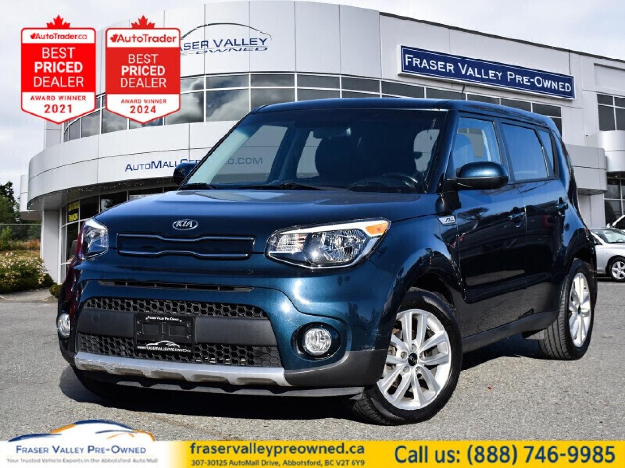 Low Mileage!
 
 This 2018 KIA Soul has ranked the highest compact multi-purpose vehicle in initial quality, 3 years in a row! This 2018 Kia Soul is fresh on our lot in Abbotsford. 
 
This Kia Soul is made for standing out and offers the versitility and style thats as unique as you are. The 2018 Souls front bumper and grille now feature a wider-looking and more aggressive styling that flows perfectly into it boxy design. The unique shape of the Soul allows for plenty of cargo and seating space making it a perfect commuter or weekend warrior. Inside, youll always feel safe when surrounded by standard advanced dual front, dual front side and dual curtain airbags. This SUV has 89,617 km. Its nice in colour and is completely accident free based on the CARFAX Report. It has a 6 Speed Automatic transmission and is powered by a 161HP 2.0L 4 Cylinder Engine. It may have some remaining factory warranty, please check with dealer for details. 
 
 Our Souls trim level is EX+. Sporty and with unique styling, this Kia Soul EX+ comes with upgraded features like larger aluminum wheels, front fog lamps, roof rack rails, fully automatic projector headlights, chrome accents, a 7 inch audio display with 6 speaker stereo, SiriusXM satellite radio, Android Auto and Apple CarPlay. You will also get Bluetooth streaming audio and an AUX input, heated front seats with a heated leather steering wheel with audio controls, cruise control, automatic air conditioning, proximity key and push button start, power heated mirrors with integrated turn signal indicator, power windows, a back up camera and much more.
 
To apply right now for financing use this link: https://www.fraservalleypreowned.ca/abbotsford-car-loan-application-british-columbia
 
 

| Our Quality Guarantee: We maintain the highest standard of quality that is required for a Pre-Owned Dealership to operate in an Auto Mall. We provide an independent 360-degree inspection report through licensed 3rd Party mechanic shops. Thus, our customers can rest assured each vehicle will be a reliable, and responsible purchase.  |  Purchase Disclaimer: Your selected vehicle may have a differing finance and cash prices. When viewing our vehicles on third party  marketplaces, please click over to our website to verify the correct price for the vehicle. The Sale Price on third party websites will always reflect the Finance Price of our vehicles. If you are making a Cash Purchase, please refer to our website for the Cash Price of the vehicle.  | All prices are subject to and do not include, a $995 Finance Fee, a $995 Document Fee, and a $150 GPS Lot Security fee.   These fees as well as taxes, are included in all listed listed payment quotes. Please speak with Dealer for full details and exact numbers.  o~o