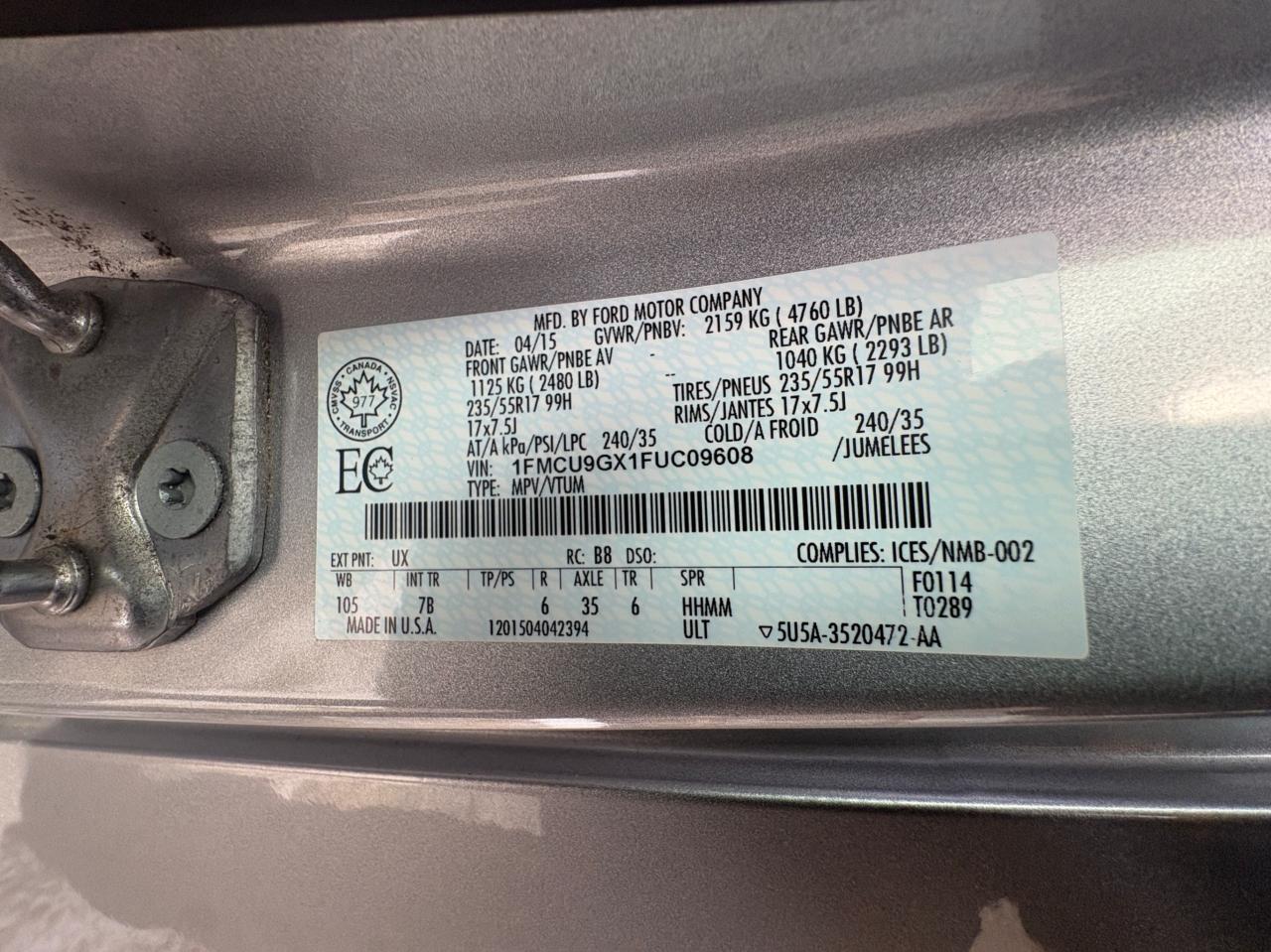 2015 Ford Escape 4WD 4dr SE, 125000 KM | ONE OWNER | CLEAN CARFAX | Certified & 1yearWarranty Photo