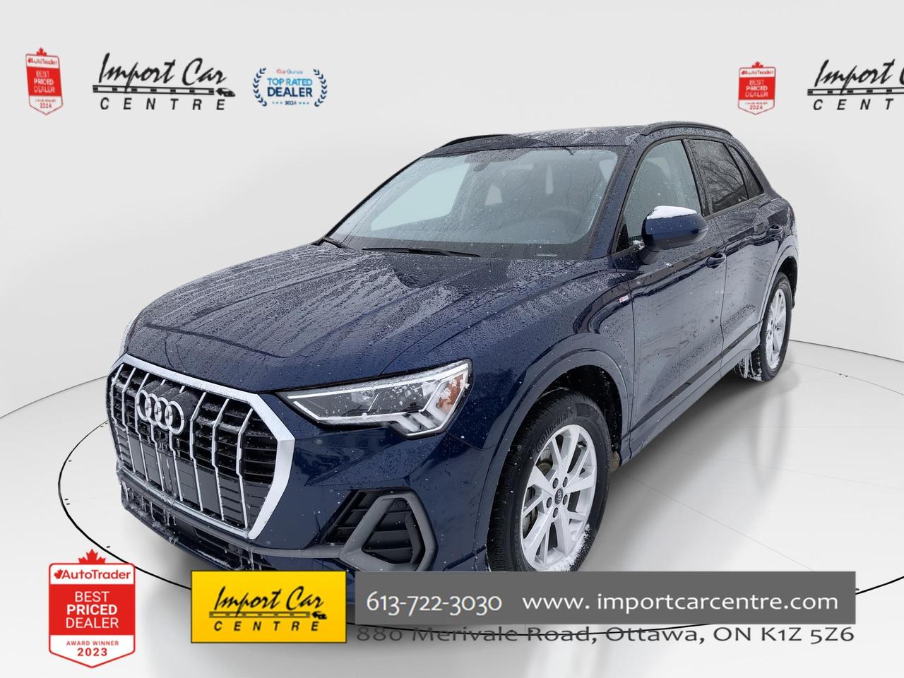 *** OTTAWA&rsquo;S ORIGINAL IMPORT DEALER!!  NO ACCIDENTS * SMETANA APPROVED ***  The Audi Q3 continues to be one of the finest blends in a crossover that offers incredible all wheel drive handling, loaded with equipment, versatility and will not break the bank!!  Finished in Navarra Blue with gorgeous contrasting black leather seating surfaces, 18 alloys, kick access rear power tailgate, proximity key with push button start, heated seats, heated steering wheel, SiriusXM radio, Audi Drive Select, traction control, start/stop function, dual climate control system, park distance control, backup camera, panoramic roof, hill decent, rain sensors, speed warning, Audi Pre-Sense all compliment this stunning 2025 Audi Q3 Komfort.  Perfection and beyond!!  Home of the Platinum up to 240,000kms warranty and financing is always available O.A.C Import Car Centre, proudly serving the Ottawa and surrounding area for over 45 years. Come down and experience Import Car Centre for yourself and see just why our customers are so happy!  Advertised price includes $22 OMVIC fee and $40 Carproof.  Excludes taxes and licensing.< 

 #importcarcentre #smetanaapproved #iccs