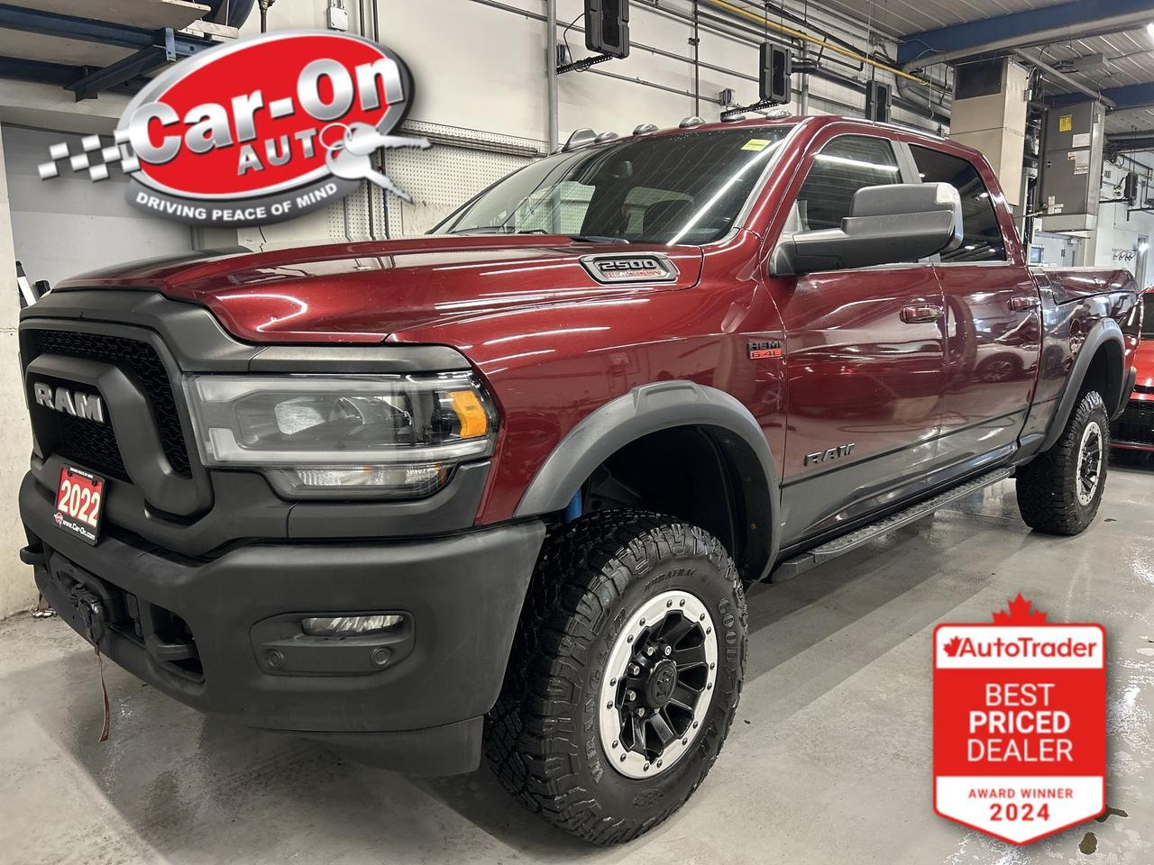 LOADED POWER WAGON CREW CAB 4X4 W/ 6.4L HEMI V8 & LEVEL 2 EQUIPMENT GROUP!! Power Wagon Off-Road Package w/ Leather, massive 12-inch touchscreen w/ Android Auto/ Apple CarPlay, heated/cooled front & heated rear seats, heated steering, remote start, navigation, 17-inch beadlock alloys, backup camera w/ front & rear park sensors, tow package w/ integrated trailer brake controller, tow mirrors, 4.10 rear axle ratio, RAMBOX storage system, 5-foot 7-inch box w/ spray-in bedliner, bed lights, bed separator, electric WARN winch, running boards, dual-zone climate control, keyless entry w/ push start, power locking tailgate, full power group incl. power driver & passenger seats w/ driver memory, Harmon/Kardon audio, Bluetooth and Sirius XM!!