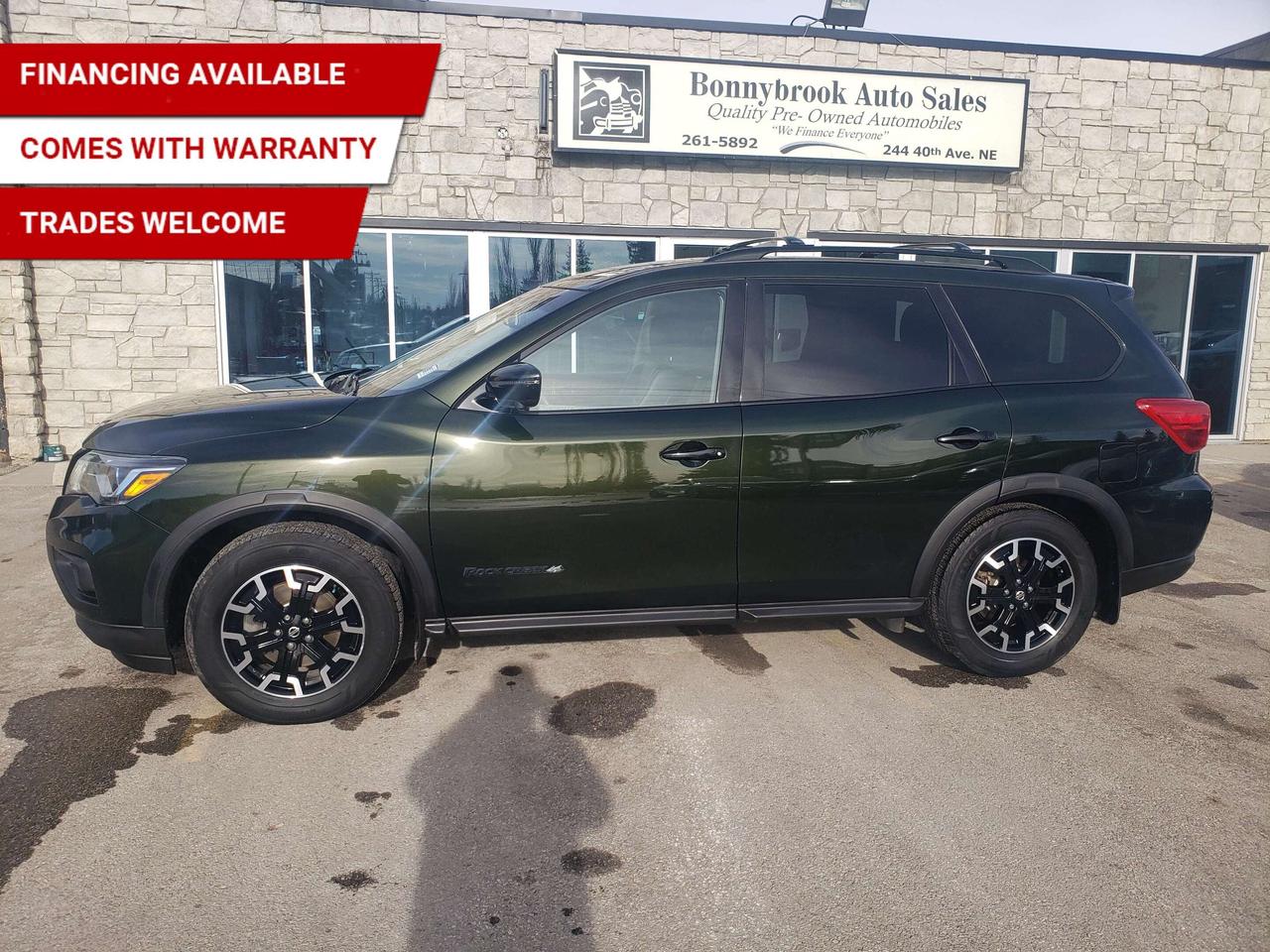 Need a vehicle that has style? Look at our Pre-Owned 2019 NISSAN PATHFINDER SL ROCK CREEK EDITION 4X4 7 PASSENGER (Pictured in photo) Filled with top options including Heated Leather Seats, Heated steering wheel, Power Sunroof, Keyless Entry, Bluetooth, Factory Car starter, Navigation Power Mirrors, Power Locks, Power Windows. Am/Fm stereo Cd player Panoramic sunroof Rearview camera  Power Lift Gate/Air /Tilt /Cruise/ comes with 6 month power train warranty with options to extend. Smooth ride at a great price thats ready for your test drive. Fully inspected and given a clean bill of health by our technicians. Fully detailed on the interior and exterior so it feels like new to you. There should never be any surprises when buying a used car, thats why we share our Mechanical Fitness Assessment and Carfax with our customers, so you know what we know. Bonnybrook Auto sales is helping thousands find quality used vehicles at prices they can afford. If you would like to book a test drive, have questions about a vehicle or need information on finance rates, give our friendly staff a call today! Bonnybrook auto sales is proudly one of the few car dealerships that have been serving Calgary for over Twenty years. /TRADE INS WELCOMED/ Amvic Licensed Business.  Due to the recent increase for used vehicles.  We are in need of pre-owned vehicles. We give top dollar for your trades.  We also purchase all makes and models of vehicles.