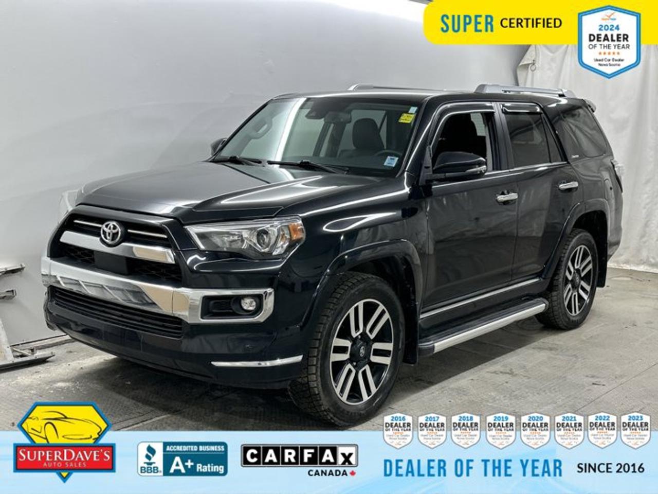 <p> Running Boards, Compass, Express Open/Close Sliding And Tilting Glass 1st Row Sunroof w/Sunshade, Wireless Phone Connectivity, Window Grid Diversity Antenna, Wheels: 17 Alloy, Wheels w/Locks, Variable Intermittent Wipers w/Heated Wiper Park, Transmission: 5-Speed Automatic, Transmission w/Sequential Shift Control and Oil Cooler. This Toyota 4Runner has a dependable Regular Unleaded V-6 4.0 L/241 engine powering this Automatic transmission. </p> <p> Experience a Fully-Loaded Toyota 4Runner Limited <br /> Trailer Wiring Harness, Tires: P265/70R17 AS, Steel Spare Wheel, Splash Guards, Solid Axle Rear Suspension w/Coil Springs, SofTex Seats, Smart Device Integration, Single Stainless Steel Exhaust, Side Impact Beams, Safety Connect Tracker System, Remote Keyless Entry w/Integrated Key Transmitter, 4 Door Curb/Courtesy, Illuminated Entry, Illuminated Ignition Switch and Panic Button, Rear Child Safety Locks, Real-Time Traffic Display, Radio: Audio Plus -inc: 8 speakers, 8 touch screen display, Apple CarPlay, Android Auto, 1 audio auxiliary input jack and 1USB input charging port in front, 2 USB ports in rear, connected services by Toyota w/remote, Remote Connect (1 year subscription), Safety Connect w/automatic collision notification, stolen vehicle locator, emergency assistance button, enhanced roadside assistance (1 year subscription), Service Connect (10 year subscription) and SiriusXM w/3-month all-access trial, Radio w/Seek-Scan, Clock, Aux Audio Input Jack, Steering Wheel Controls and Radio Data System, Proximity Key For Doors And Push Button Start, Pre-Collision System (PCS), Power Rear Window w/Wiper and Defroster, Power 1st Row Windows w/Front And Rear 1-Touch Up/Down, Perimeter Alarm. </p><br><p>THE SUPER DAVES ADVANTAGE</p> <p>BUY REMOTE - No need to visit the dealership. Through email, text, or a phone call, you can complete the purchase of your next vehicle all without leaving your house!</p> <p>DELIVERED TO YOUR DOOR - Your new car, delivered straight to your door! When buying your car with Super Daves, well arrange a fast and secure delivery. Just pick a time that works for you and well bring you your new wheels!</p> <p>PEACE OF MIND WARRANTY - Every vehicle we sell comes backed with a warranty so you can drive with confidence.</p> <p>EXTENDED COVERAGE - Get added protection on your new car and drive confidently with our selection of competitively priced extended warranties.</p> <p>WE ACCEPT TRADES - We&rsquo;ll accept your trade for top dollar! We&rsquo;ll assess your trade in with a few quick questions and offer a guaranteed value for your ride. We&rsquo;ll even come pick up your trade when we deliver your new car.</p> <p>SUPER CERTIFIED INSPECTION - Every vehicle undergoes an extensive 120 point inspection, that ensure you get a safe, high quality used vehicle every time.</p> <p>FREE CARFAX VEHICLE HISTORY REPORT - If youre buying used, its important to know your cars history. Thats why we provide a free vehicle history report that lists any accidents, prior defects, and other important information that may be useful to you in your decision.</p> <p>METICULOUSLY DETAILED &ndash; Buying used doesn&rsquo;t mean buying grubby. We want your car to shine and sparkle when it arrives to you. Our professional team of detailers will have your new-to-you ride looking new car fresh.</p> <p>(Please note that we make all attempt to verify equipment, trim levels, options, accessories, kilometers and price listed in our ads however we make no guarantees regarding the accuracy of these ads online. Features are populated by VIN decoder from manufacturers original specifications. Some equipment such as wheels and wheels sizes, along with other equipment or features may have changed or may not be present. We do not guarantee a vehicle manual, manuals can be typically found online in the rare event the vehicle does not have one. Please verify all listed information with our dealership in person before purchase. The sale price does not include any ongoing subscription based services such as Satellite Radio. Any software or hardware updates needed to run any of these systems would also be the responsibility of the client. All listed payments are OAC which means On Approved Credit and are estimated without taxes and fees as these may vary from deal to deal, taxes and fees are extra. As these payments are based off our lenders best offering they may be subject to change without notice. Please ensure this vehicle is ready to be viewed at the dealership by making an appointment with our sales staff. We cannot guarantee this vehicle will be on premises and ready for viewing unless and appointment has been made.)</p>