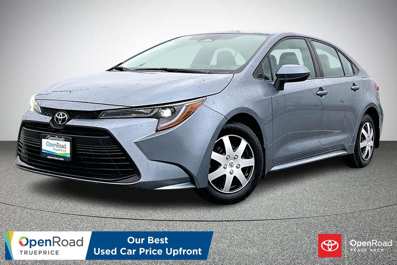 The 2023 Toyota Corolla L CVT is a practical and efficient compact sedan designed for everyday driving. It is powered by a 2.0 litre four cylinder engine producing 169 horsepower, paired with a smooth continuously variable transmission and front wheel drive. The Corolla L offers excellent fuel efficiency for commuting and long trips. Standard features include an 8 inch touchscreen multimedia system with Apple CarPlay and Android Auto, Bluetooth connectivity, and a rearview camera. Safety is a strong focus with Toyota Safety Sense 3.0, including adaptive cruise control, pre collision system with pedestrian detection, lane departure alert with steering assist, lane tracing assist, and automatic high beams.   Have confidence with your OpenRoad purchase! Every OpenRoad Certified Pre-Owned vehicle comes fully reconditioned and complete with a comprehensive 153 point mechanical inspection, a CarFax history & lien report, a 3-Day Money Back Guarantee, a 30-Day/2,000 kms Exchange Policy, a 90-Day/5,000 kms Powertrain Warranty, guaranteed clear title, and membership to our exclusive Club OpenRoad! As a proud member of the OpenRoad Auto Group, a trusted name since 2000 serving the Lower mainland (including White Rock, Surrey, Langley, Maple Ridge, Delta, Richmond, Mission and beyond) with outstanding Toyota vehicles, Toyota parts, and Toyota service since 1966! OpenRoad Toyota Peace Arch is a &ldquo;True Price&rdquo; dealer, meaning no inflated prices, and no need for back and forth haggling! We use up to the minute technology offering LIVE MARKET VALUE PRICING to ensure you are receiving the most competitive price possible on all of our Pre-Owned vehicles!  All advertised vehicle prices do not include our $699 documentation fee.